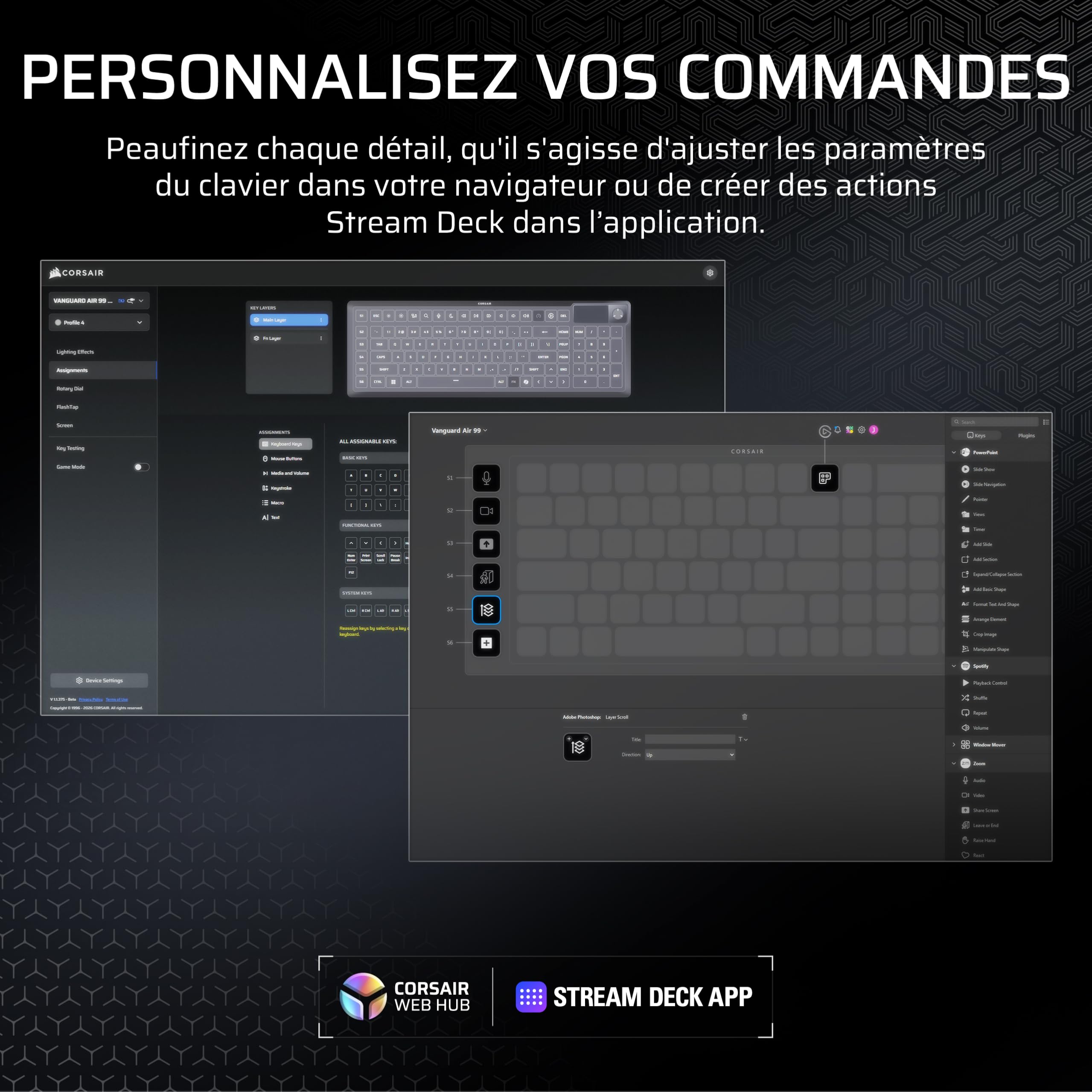 Corsair Vanguard AIR 99 sans Fil Clavier Gaming RGB (AZERTY FR) – Noir | Optique-Mécanique, Profil Bas, Écran LCD, OPX Commutateurs, Interrogation 8 000 Hz, Stream Deck Virtuel, SOCD Flashtap