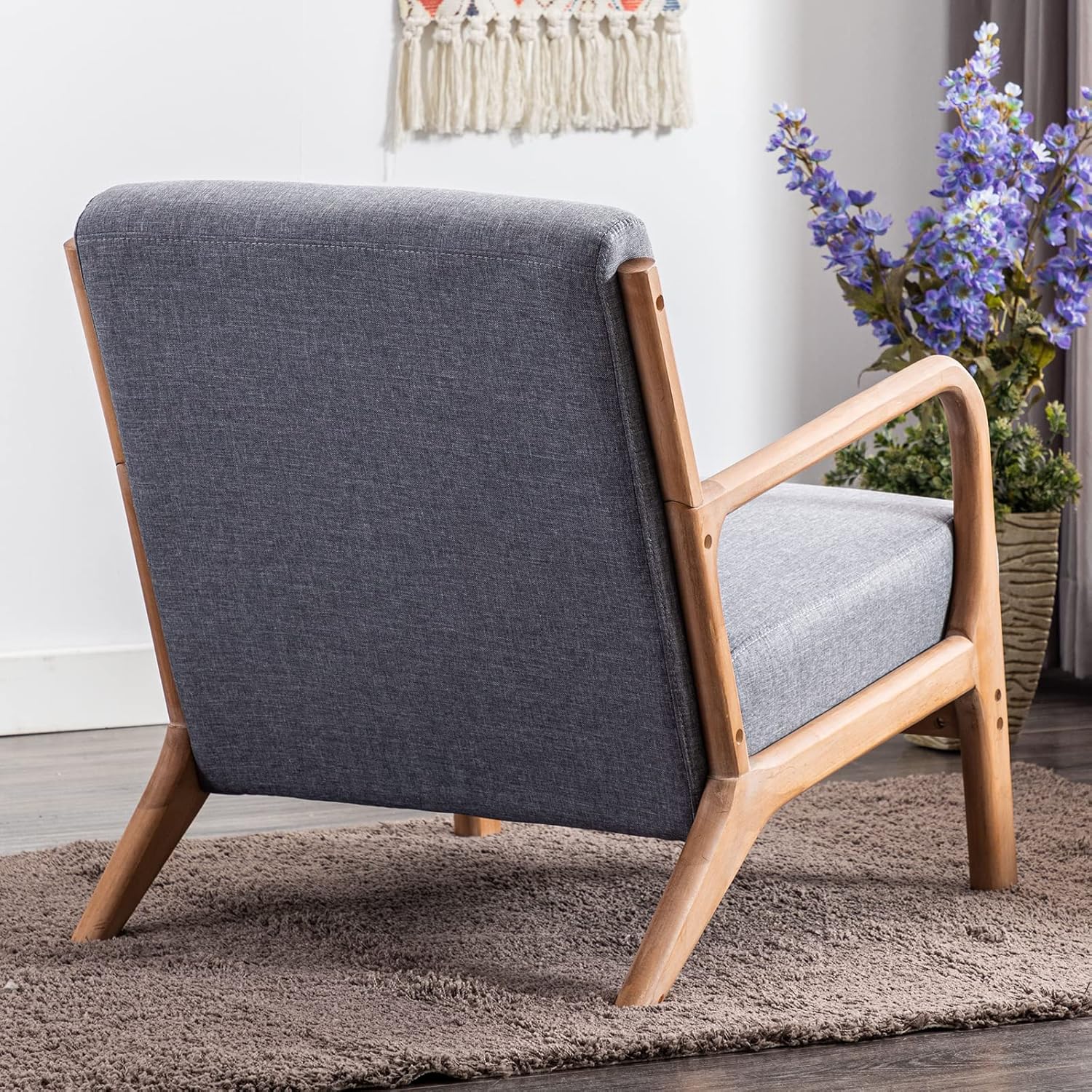 ANJ Mid Century Modern Accent Chair, Single Fabric Lounge Reading Armchair with Solid Wood Frame, Easy Assembly Arm Chairs for Living Room, Grey