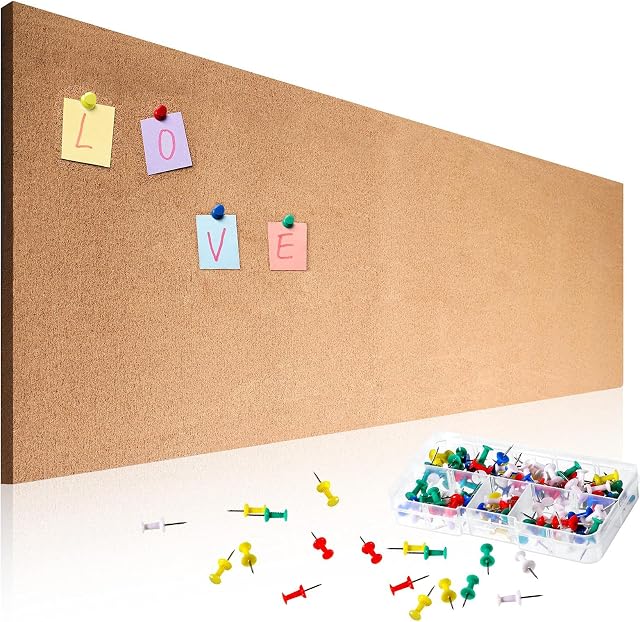 Cork Board Roll 8 mm Thick 60 x 12 Inch Self-Adhesive Cork Bulletin Boards with 100 Push Pins Mini Wall Frameless Cork Boards for Wall