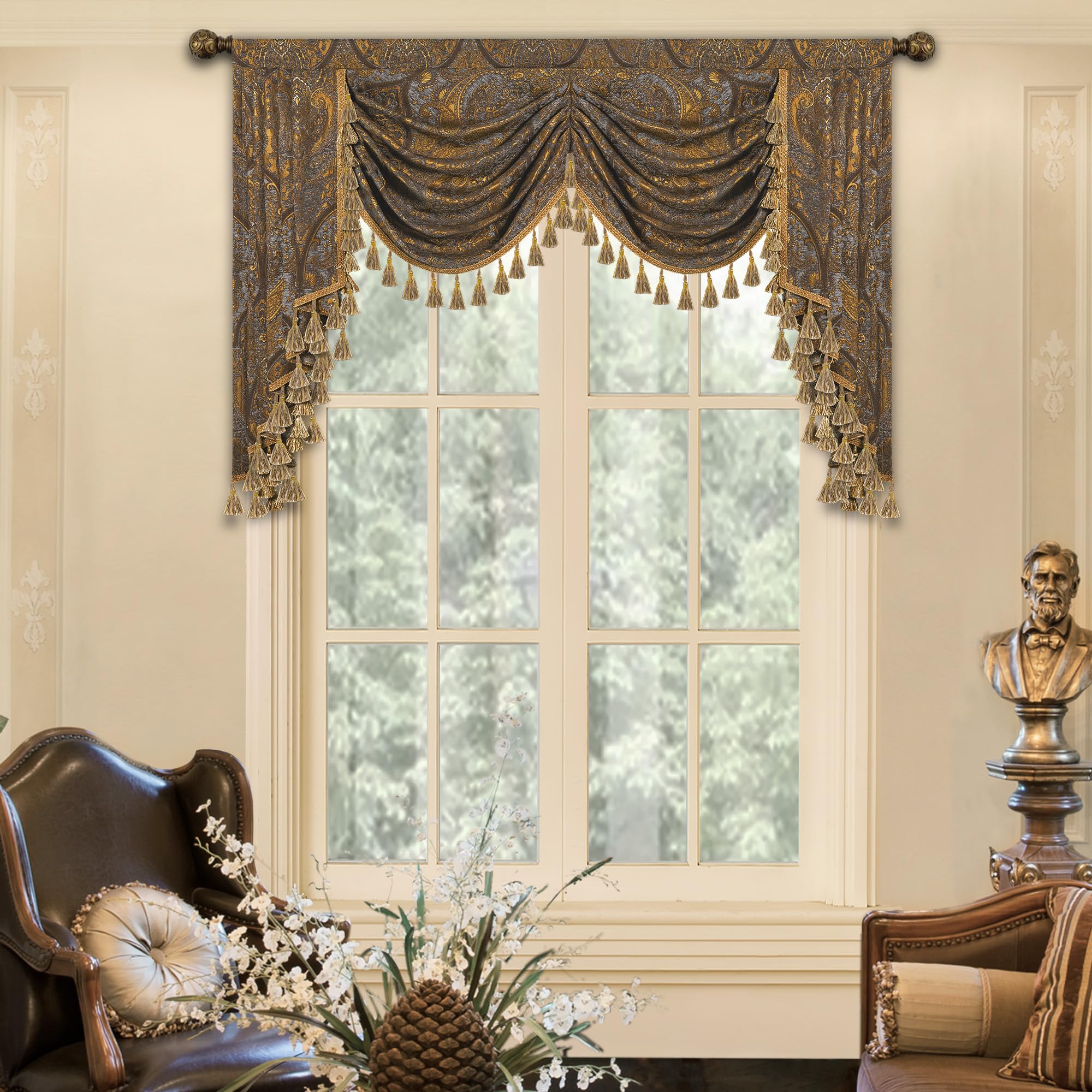 TOPLUXE Swag Valance for Windows, Damask Waterfall Valance with Tassels, Short Curtain for Bedroom Living Room Kitchen, Rod Pocket (Width 150cm, Grey & Gold)
