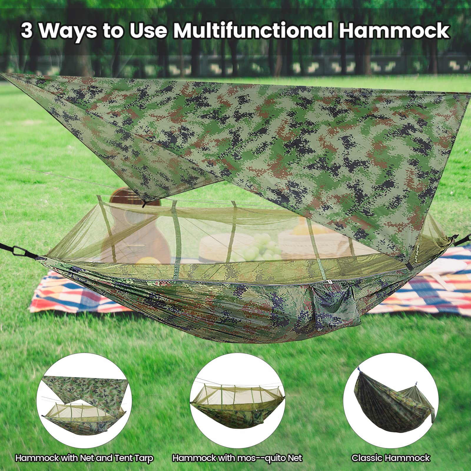 TOPCHANCES Hamac de Camping ultraléger Portable en Nylon avec moustiquaire, Sangles d'arbre et bâche de Pluie pour hamac en Plein air