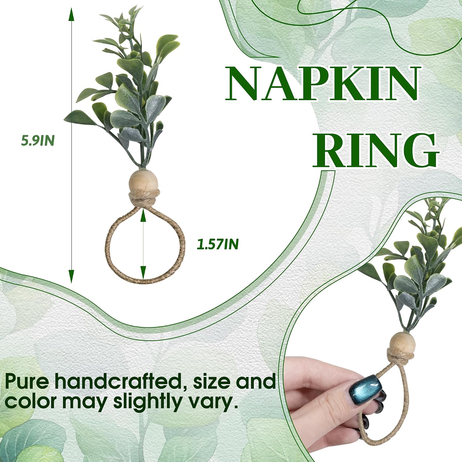 MAOANME Boho Eucalyptus Leaf Napkin Rings with Wood Bead, Set of 12