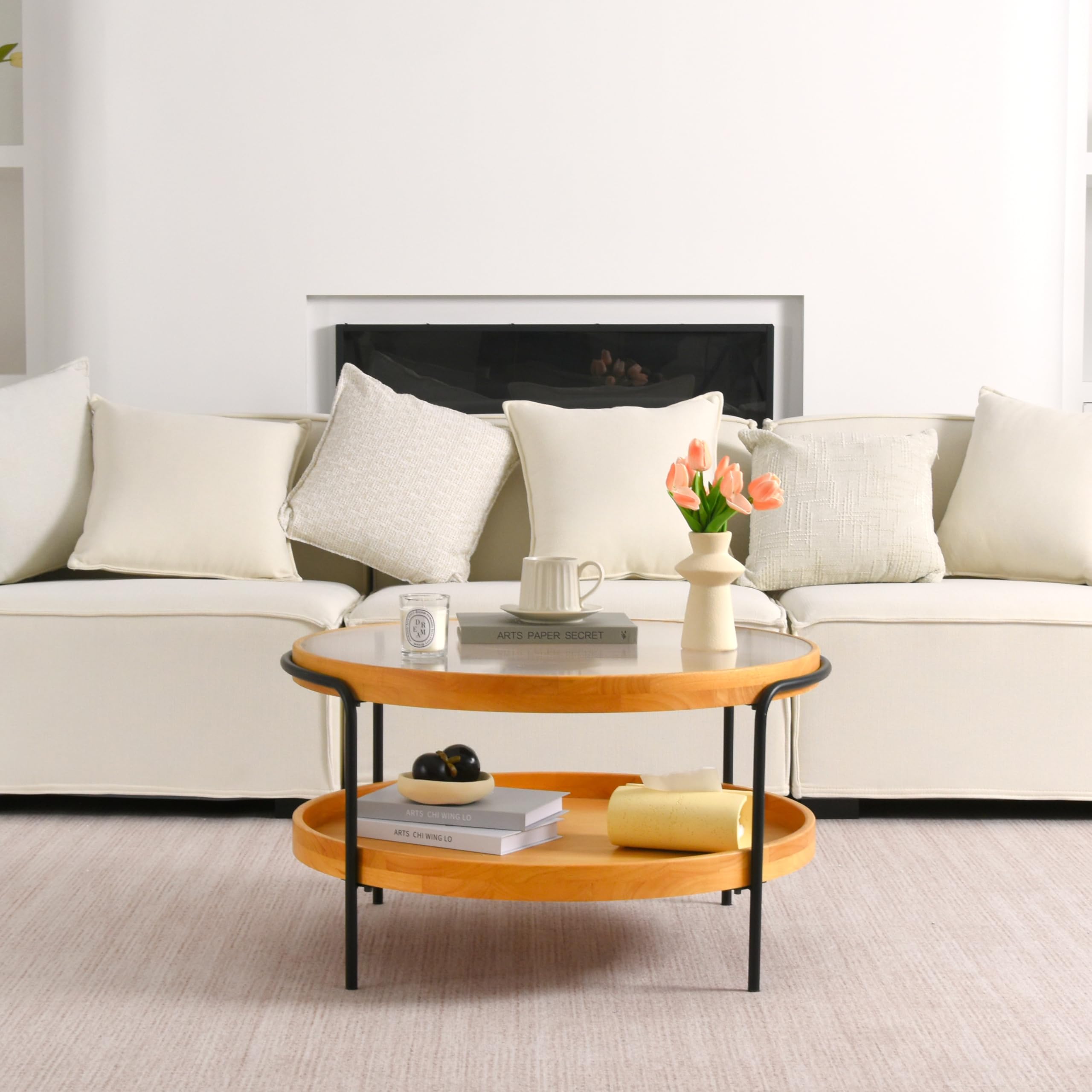 Couchtisch Rund Holz, 2-Tier Coffee Table aus Glas, Ø76x45cm