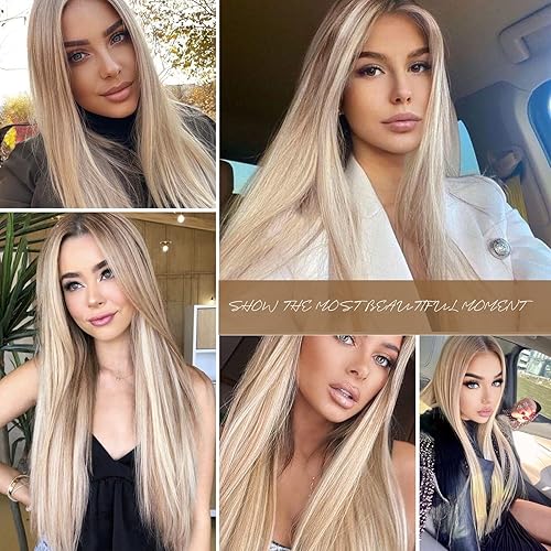 Miniatura 3 de HAIRCUBE Peluca de encaje frontal rubia, peluca sintética larga y recta, línea capilar natural, pelucas rubias para mujeres