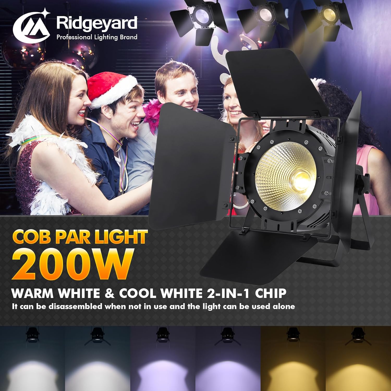 Ridgeyard Spotlight COB 200W Stage Light Par Lights with Barn Doors,Party Warm & Cold Professional DMX Lights Stage Spotlight for Church, Concert, Theater, Photostudio - 1 Pack