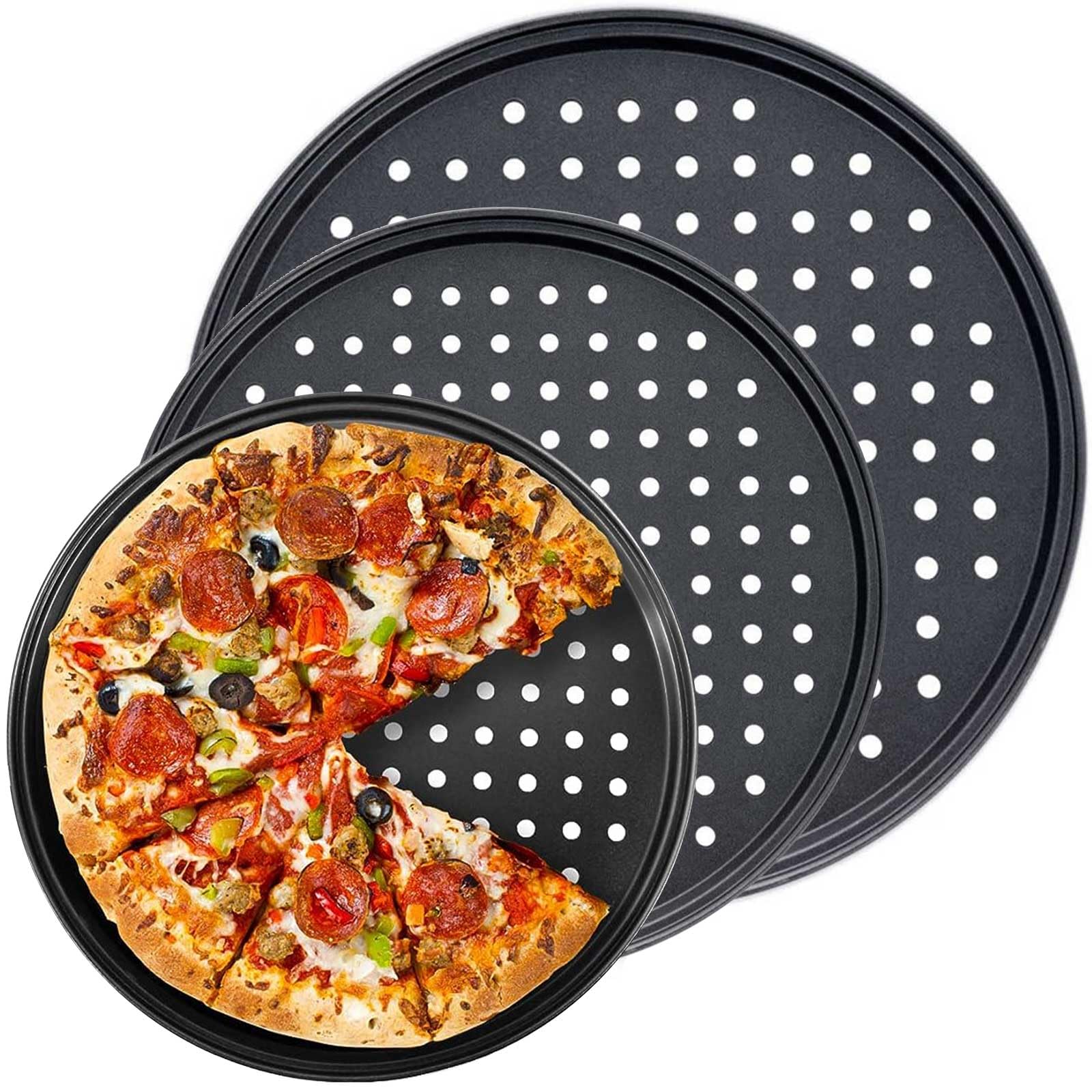 Handook Pizzablech für Ofen, Antihaft-Pizza-Pfanne, Karbonstahl, Pizza-Pfanne mit Löchern, Pizza-Backform für Backofen, Backzubehör, für Zuhause, Backen, Küche, Backofen, Restaurant (22,9 cm & 25,4 cm