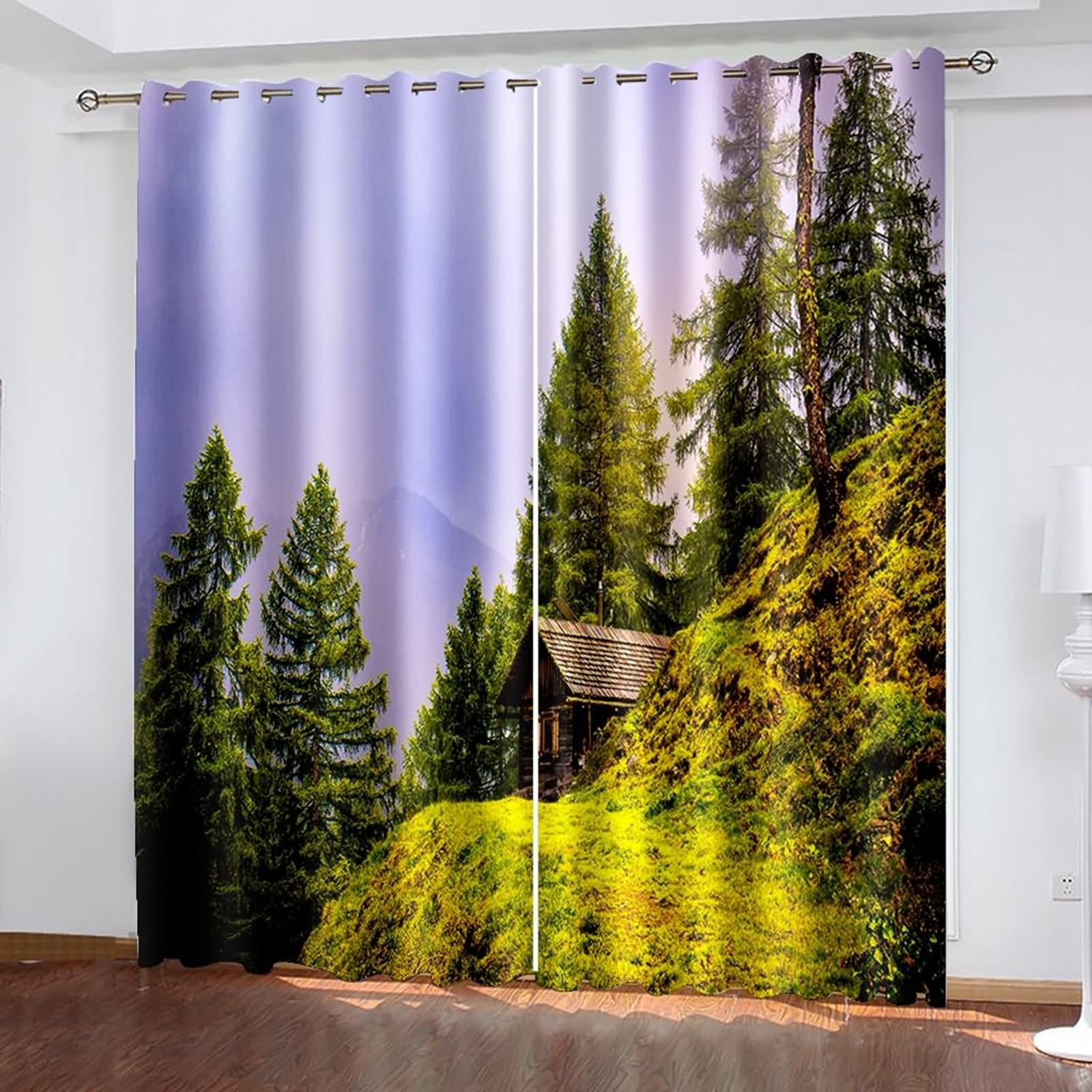 Gardinen Blickdicht 214 cm Lang, Verdunkelnde Vorhänge mit Ösen 2er Set Grün Lila Berg Blockhütte und Bäume Landschaft Vorhang für Wohnzimmer Schlafzimmer Kinderzimmer, 86x214 cm(BxH)