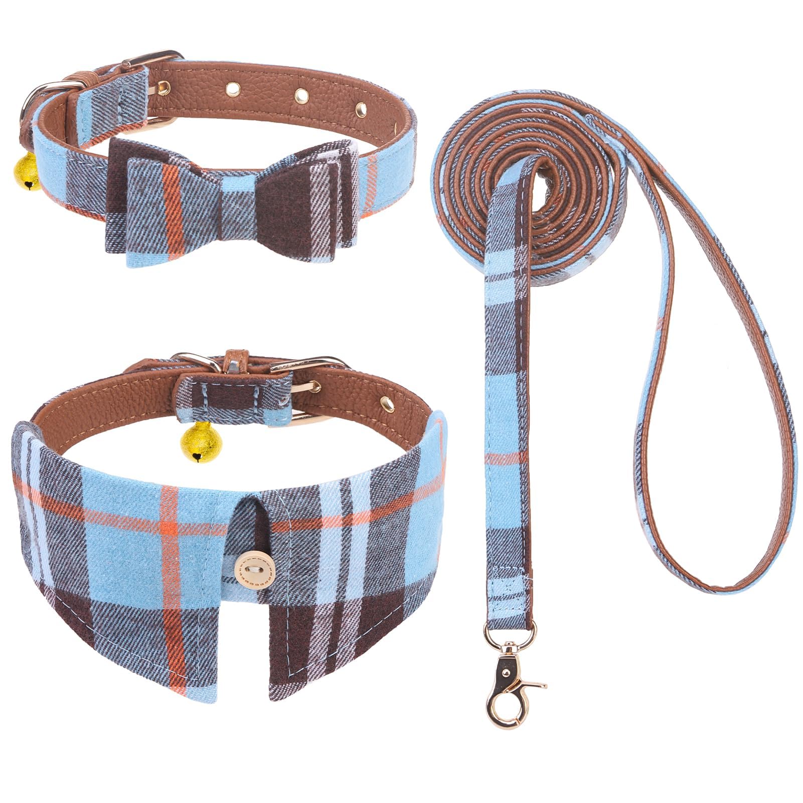 EXPAWLORER Dog Leash and Collar Set - Classic Plaid Medium Dog Collar with Bow Tie, 360 Swivel No Tangle Dog Leash, Adjustable Dog Collar for Small