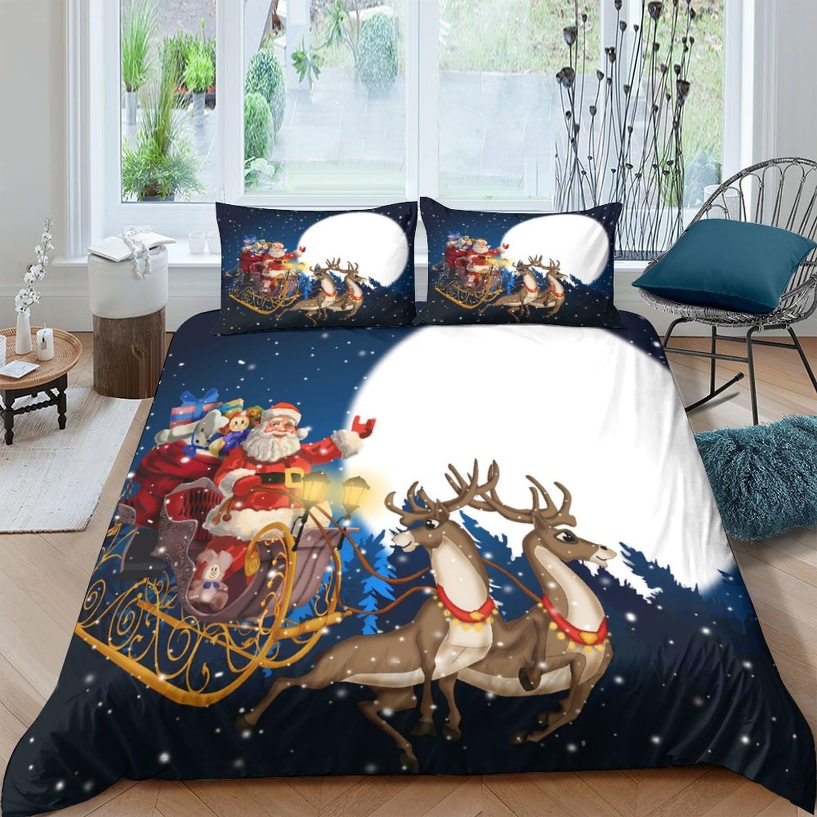 Ctjqhvkz Style-9 3D Printed Santa Sleigh Fitted Sheet Microfiber Christmas Night Mattress Cover Non Slip Washable For Bedroom Dorm Use Single（135X200cm）