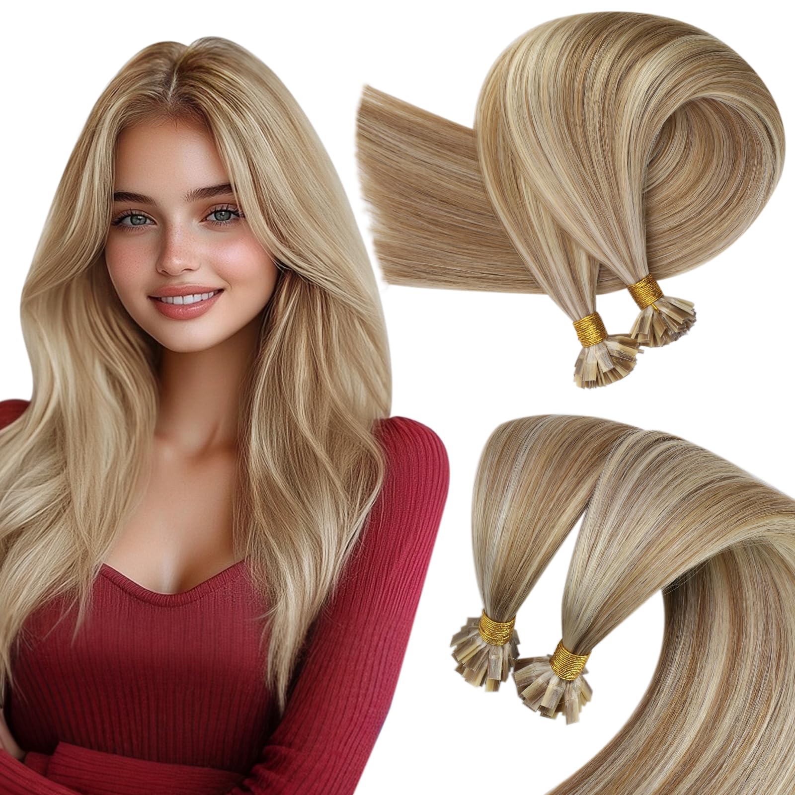 Sunny Hair Flat Tip Hair Extensions Light Brown with Blonde Keratin Human Hair Extensions 18inch Hair Extensions Real Human Hair Keratin Bonds 50g
