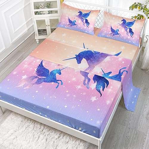 Juego de sábanas bajeras y sábanas encimeras de 4 piezas con estampado de unicornio y cielo estrellado con 1 sábana encimera y 1 sábana bajera + 2
