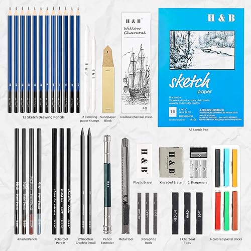 Miniatura 2 de H & B 48 lápices de dibujo profesionales y kits de dibujo, incluyendo blocs de dibujo, lápices de grafito, sacapuntas y borrador, suministros de