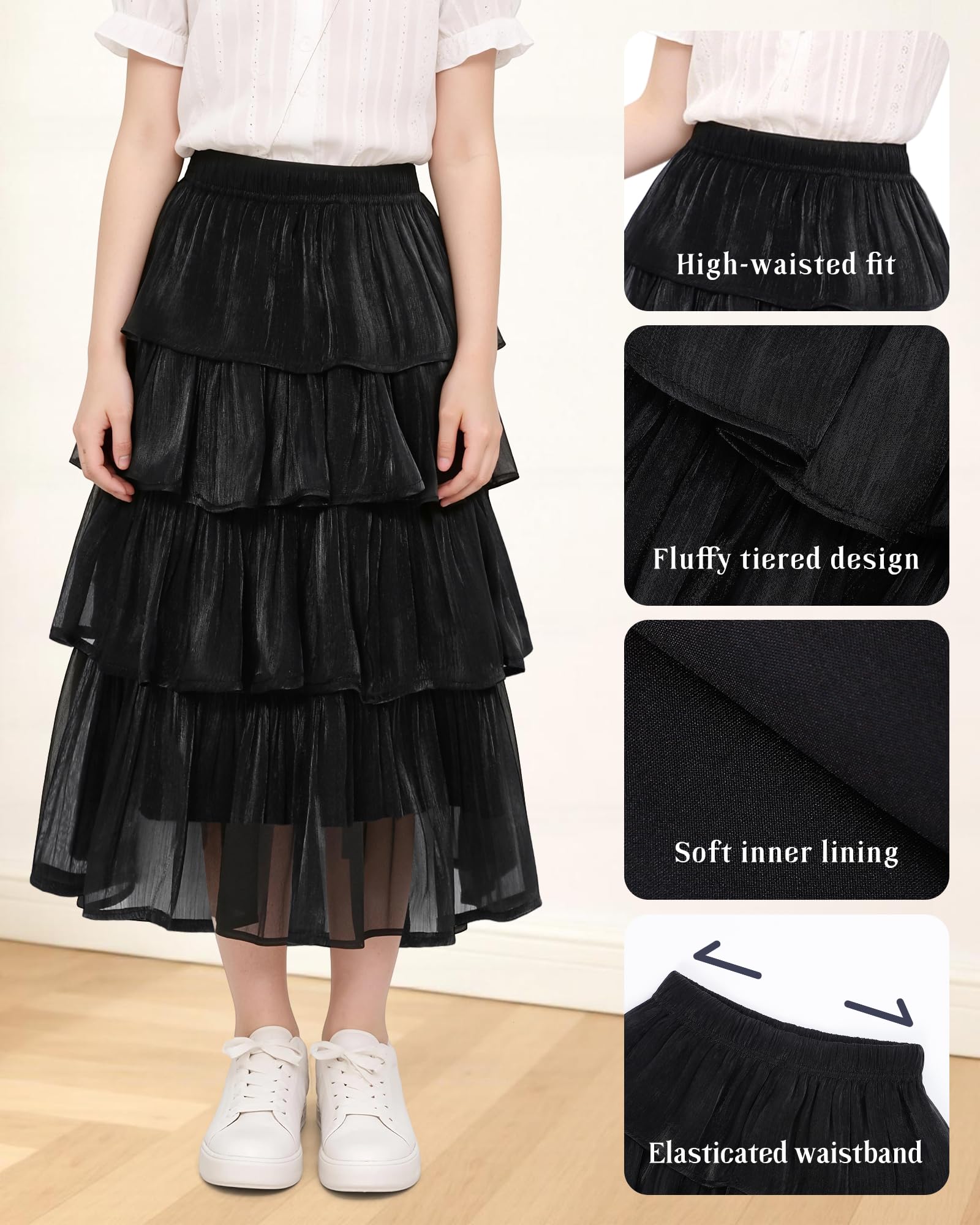 KAKU NANU Falda Midi Tul para Niñas con Acabado Brillante Efecto Perlado Cintura Alta y Volantes Tejido Antiarrugas Largo Modesto Ideal para Paseos, Parque y Picnic Tallas 5 a 14 Años Negro y Blanco