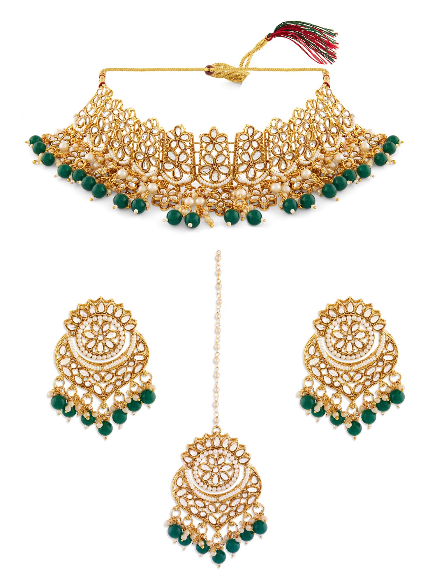 ZAVERI PEARLS Green Beads Bridal Kundan Choker Necklace Earring & Maangtikka Set For Women-ZPFK17582 (B0CWNVXDY3) Amazon Price History, Amazon Price Tracker