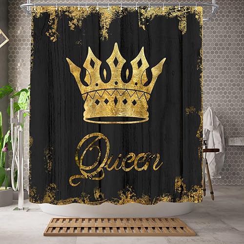 Miniatura 2 de WELMECO Cortina de ducha con corona dorada, cortina de ducha negra para decoración de baño, tela de poliéster, 72 x 72 pulgadas