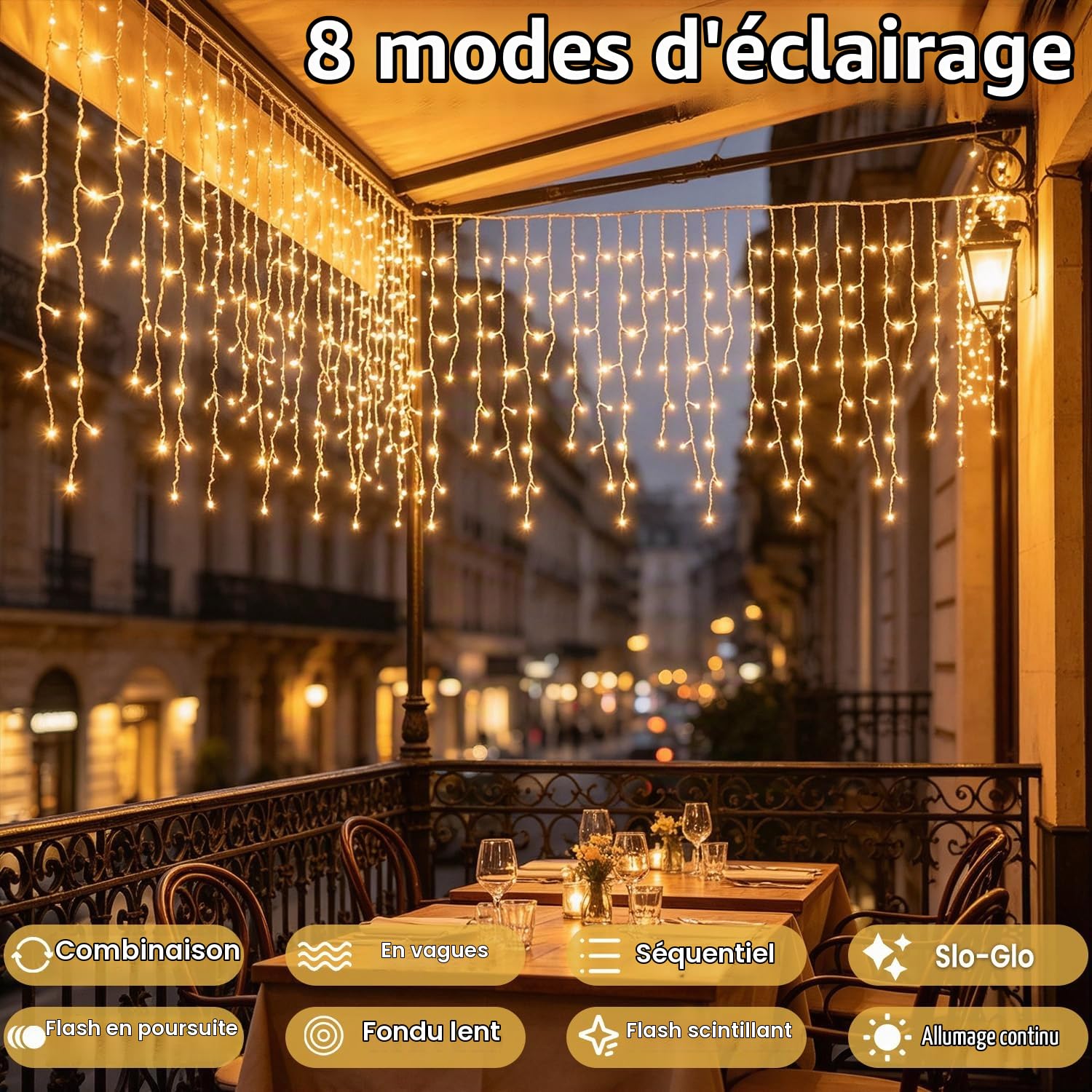 Guirlande lumineuse à LED Pluie de glace extérieur 15m | 600 Leds Blanc Chaud Guirlande lumineuse de Noël d'extérieur avec 8 modes, Timer, IP44 pour Noël, Avant-toits, jardins