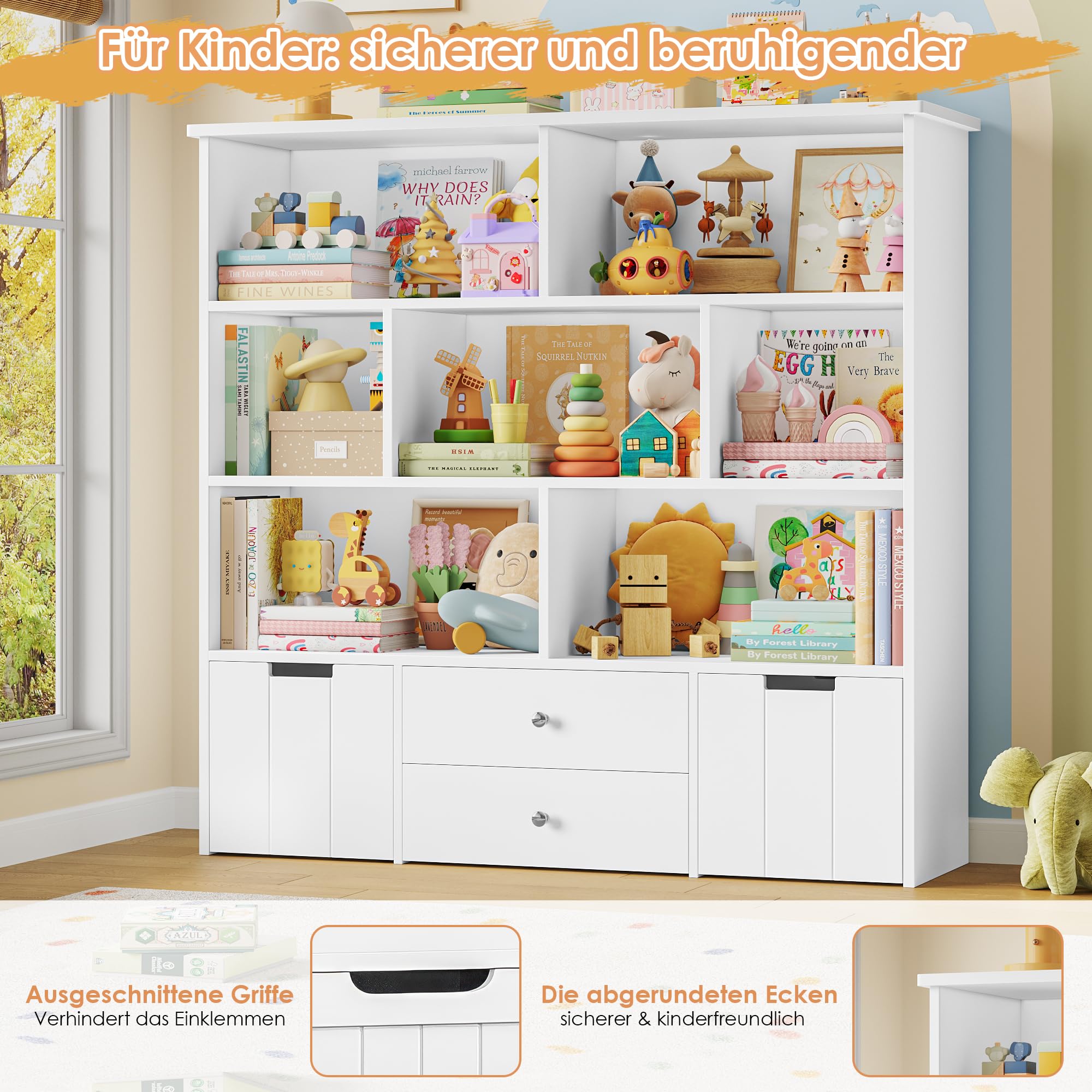 FOREHILL Kinderregal mit 4 Schubladen, Kinderzimmer Möbel, Bücherregal | Kinderregal mit Boxen auf Rollen, Regal Kinderzimmer, Spielzeug Aufbewahrung für Kindergarten, Leseecke 125x33x120cm
