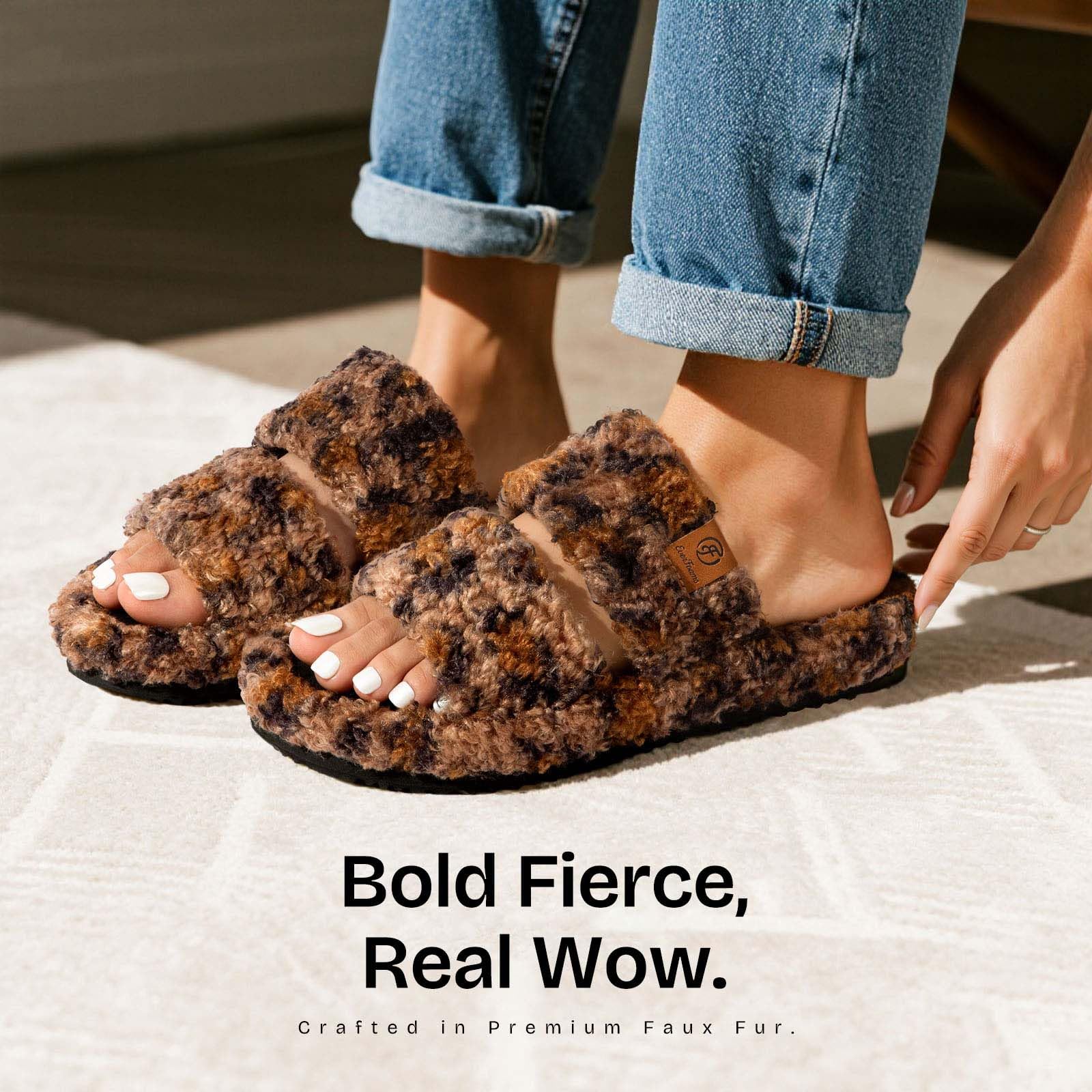 EverFoams Womens Fuzzy Open-toe Slippers Soft Comfy Memory Foam Indoor House Shoes: 7-8 Diva Spots