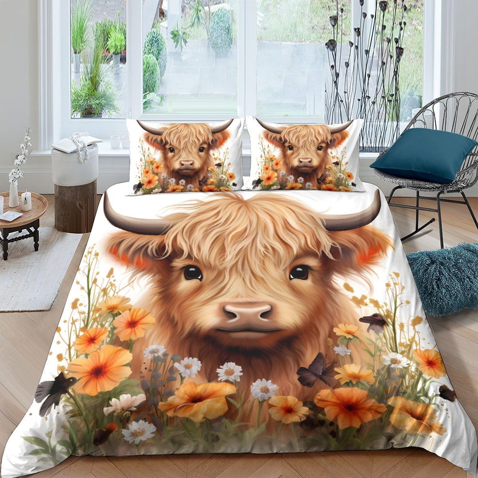 Ctjqhvkz Style-2 3D Printed Highland Cow Floral Fitted Sheet Microfiber Soft Breathable Farm Meadow Bed Cover For Bedroom Guest Room Decor Single（135X200cm）