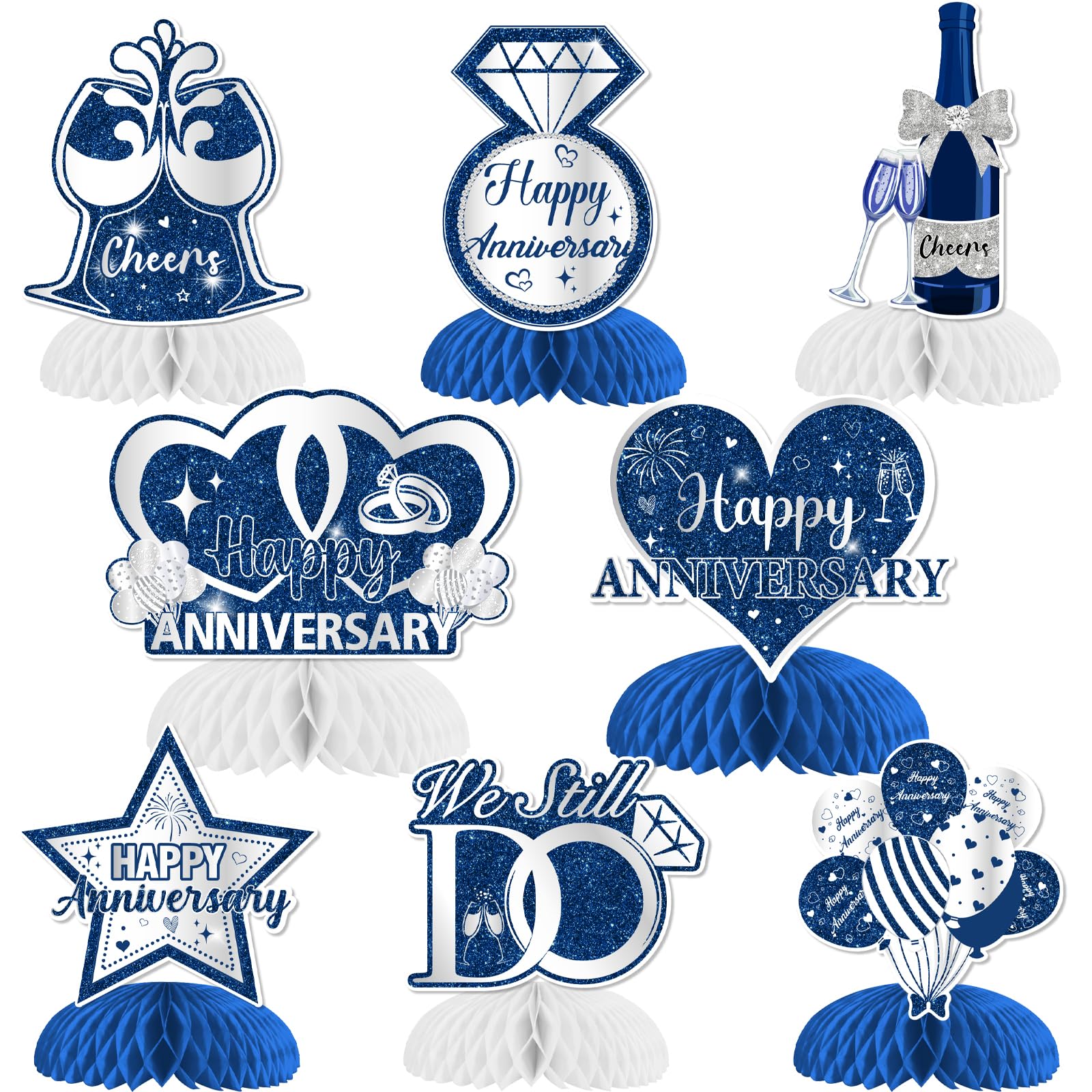 Jollyboom 8Pcs Navy Blue Happy Anniversary Honeycomb Centerpieces, 8-inch & 6-inch, Wedding & Anniversary Table Decorations, We Still Do
