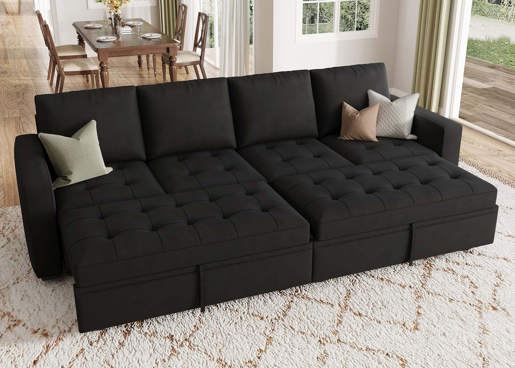 HONBAY Modular Sectional Sleeper Sofa with Pull Out Bed, Linen Convertible Sectional Couches for Living Room, Black