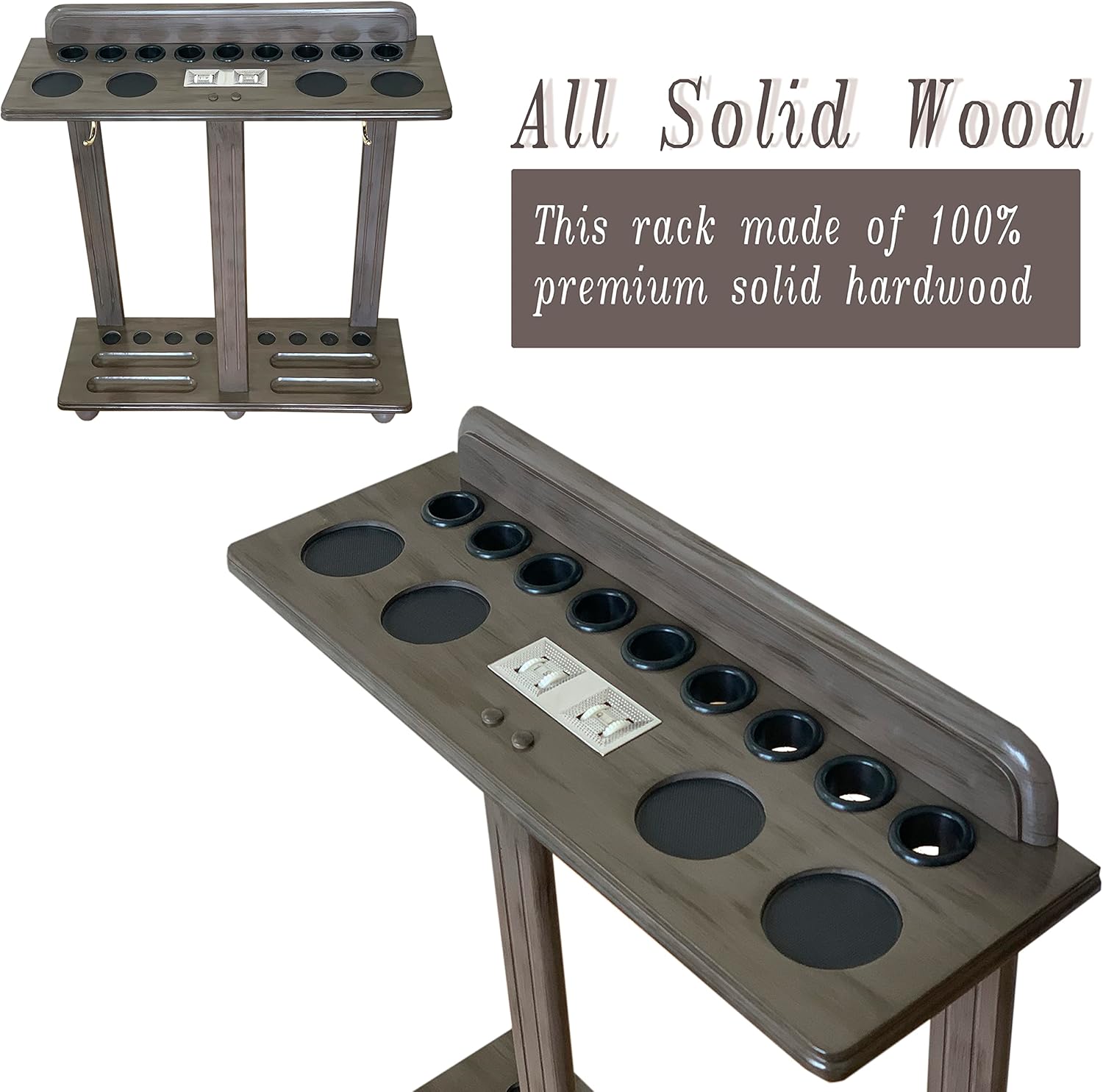 Pool Cue Rack Floor Stand for Cue Stick at Any Size, A Full Set Of Balls, Billiard Table Accessory. Corner Pool Stick Holder 100% Solid Wood with Score Counter, Hook