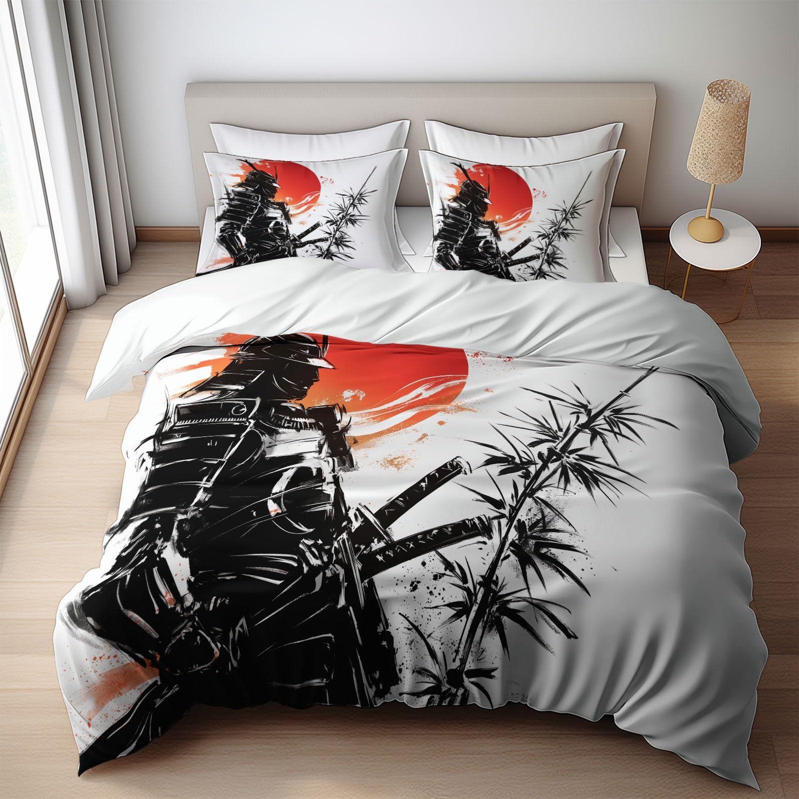 White Bedding Sets Japanese Samurai Red Sun Print Duvet Cover Set, Comforter Cover Full Size Soft Breathable Reversible 3-Piece Bedding for Kids Teens