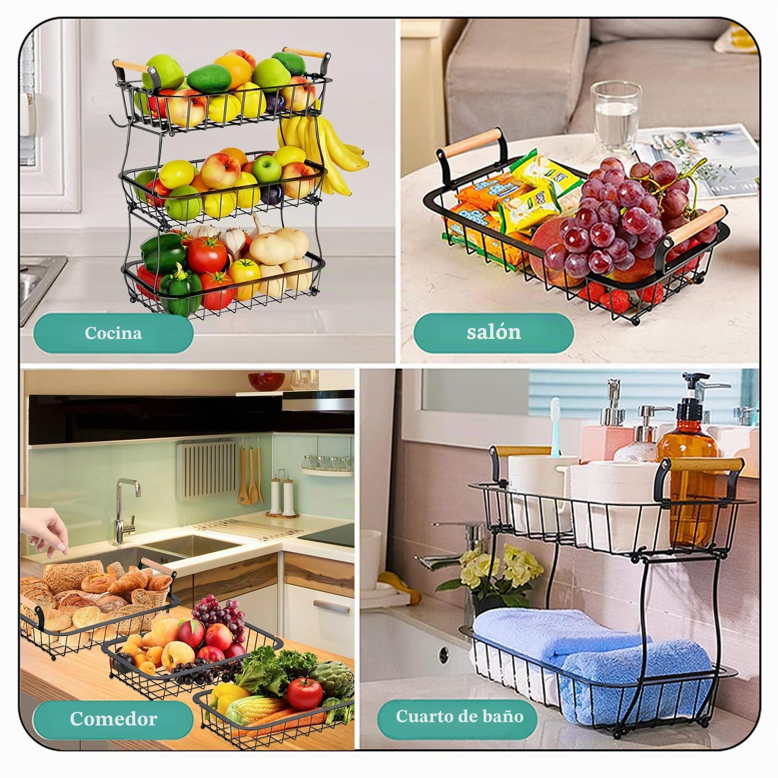 Fruteros de Cocina de 3 Niveles, Cesta de Frutas de 2 Niveles, Soporte de Almacenamiento de Aperitivos, Soporte de Alambre de Metal para Frutas, Verduras y Pan, para Encimera de Cocina (A)