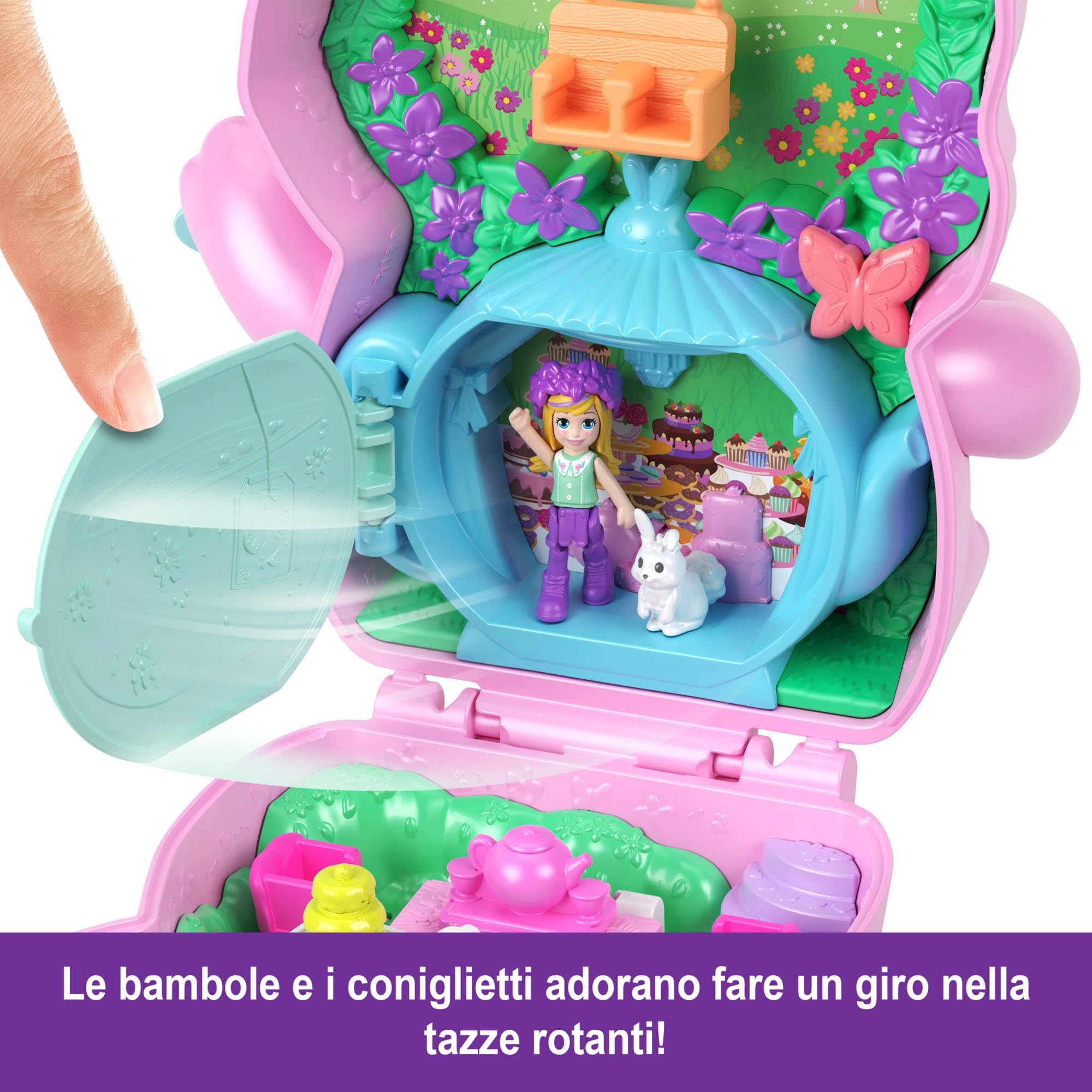 Polly Pocket - Coniglietto Ora del Tè, playset cofanetto portatile con 1 mini bambola e 10 accessori inclusi tra cui 2 coniglietti, giocattolo per bambini, 4+ anni, JCR40