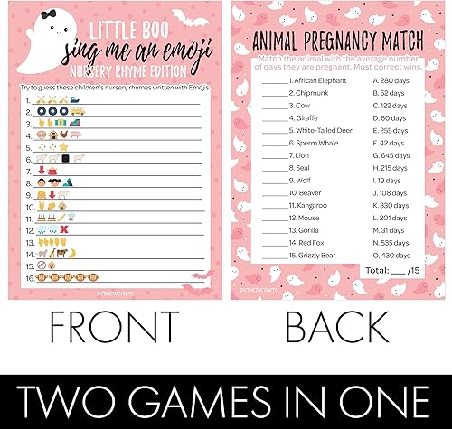 Miniatura 3 de DISTINCTIVS Pink A Little Boo is Almost Due Girl Baby Shower - Juego de adivinanzas de imágenes de embarazo de animales y emojis (paquete de 2
