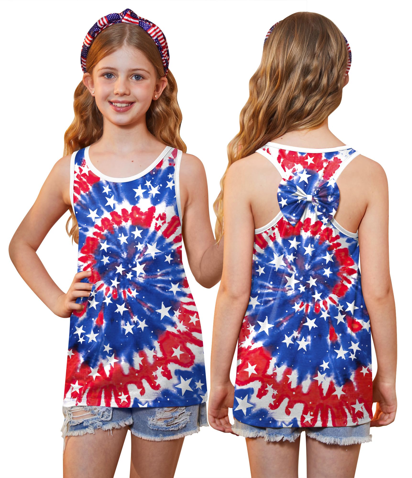4th of July Girls Flag Tank Top Back Bow Sleeveless Patriotic Holidays T-Shirt 4-14 Years