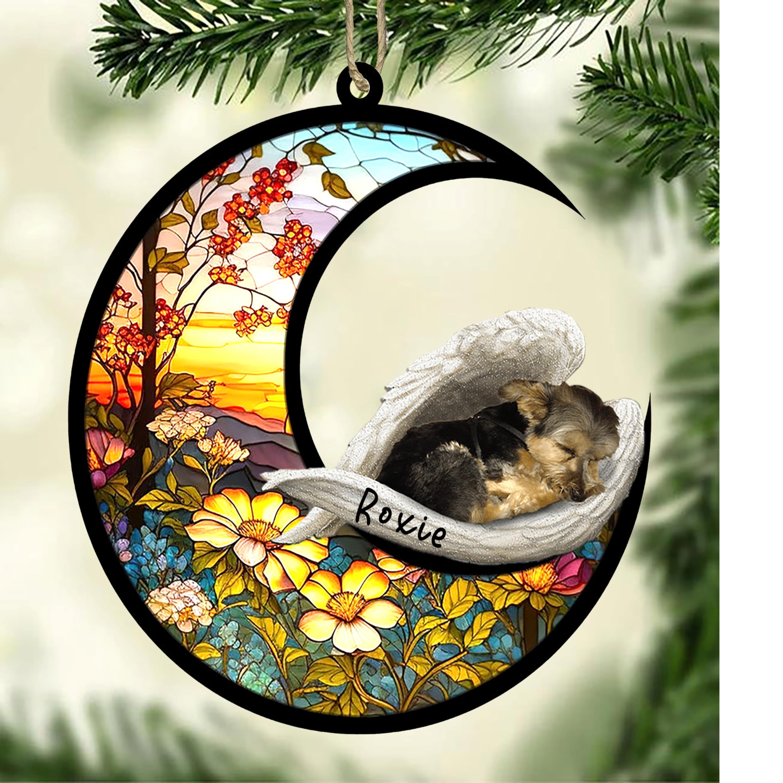 Personalized Morkie Dog Memorial Suncatcher, Morkie Christmas Ornament with Name, Pet Loss Catcher, Gifts for Dog Lovers Loss of Dog, Morkie Sleep on Haven