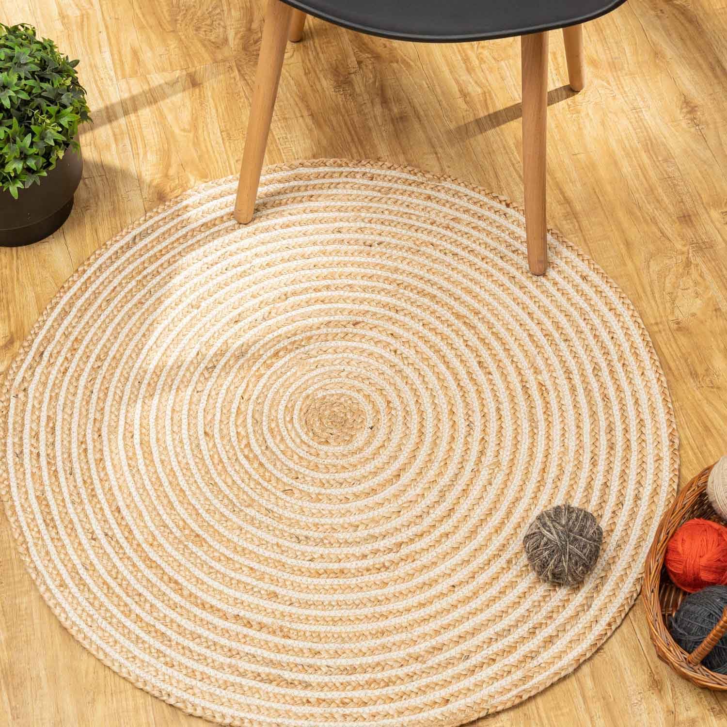 THE RUGS GALLERY Handwoven Cotton & Jute Round Carpet | Rug Area, Floormat | for Your Home, Bedroom & Office (90 Cm, Beige Jute & White Cotton Mix)