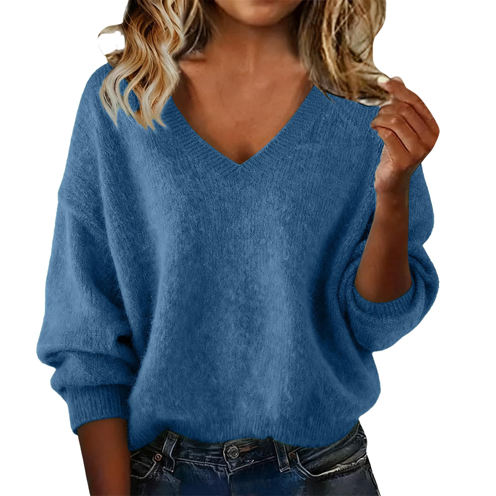 Womens Cashmere Sweaters Fall V Neck Knitted Lightweight Sweater Solid Color Long Sleeve Cozy Soft Knit Sweater