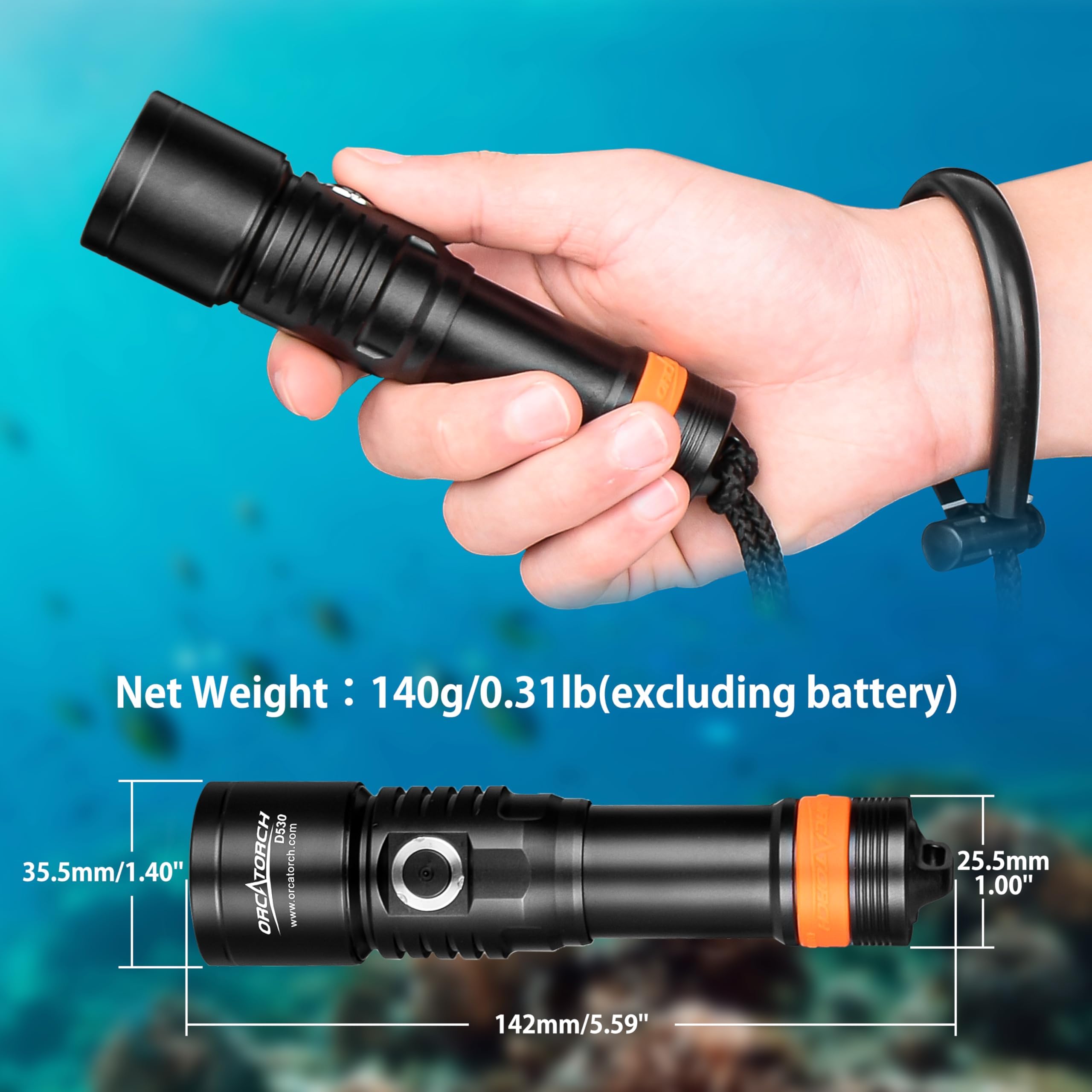 ORCATORCH D530 Luz de buceo, 1500 lúmenes, ángulo de haz estrecho de 7 grados, interruptor de botón lateral, dos modos de iluminación para buceo bajo el agua 150 metros