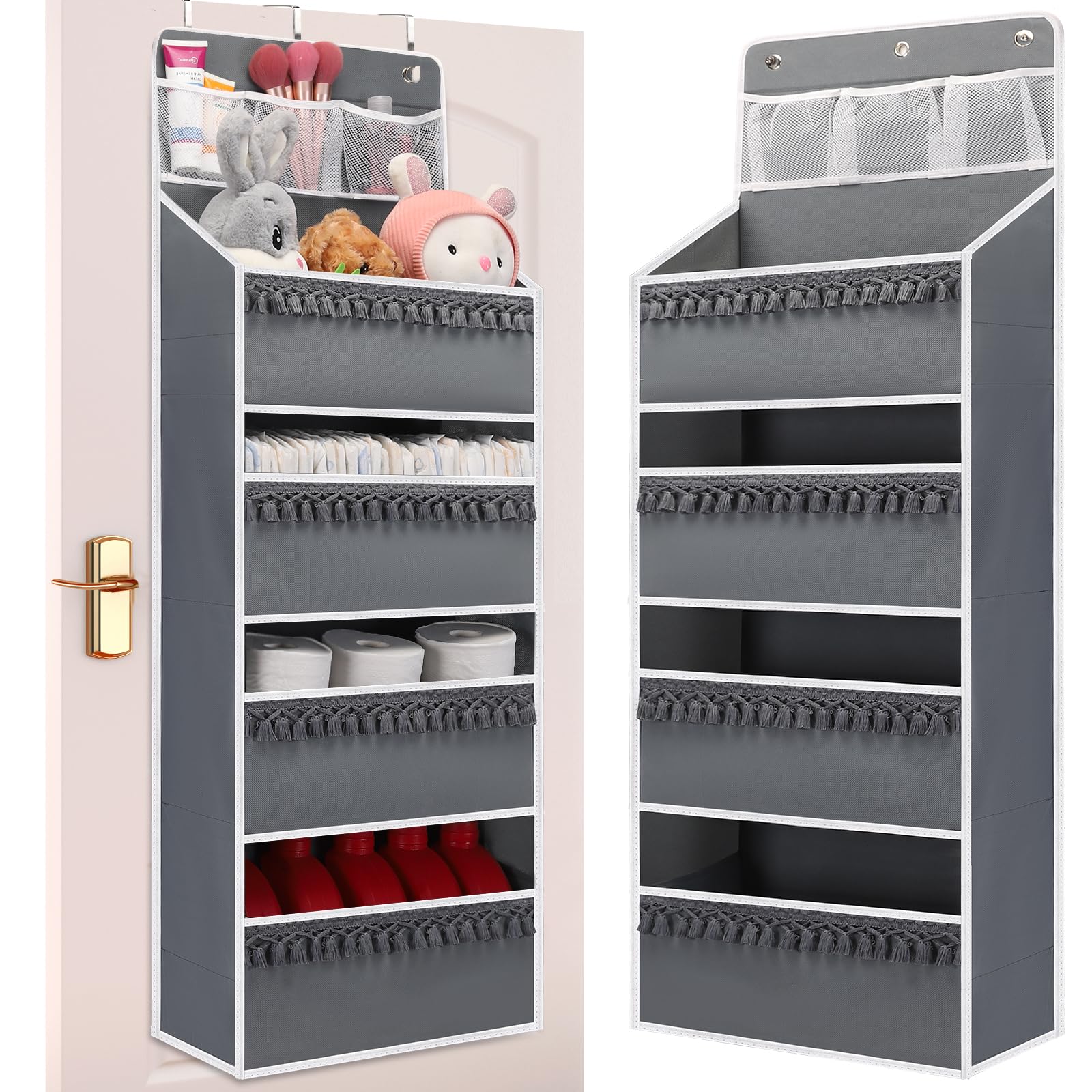 Wakaye Over The Door Organizer Storage - 4 Shelf Hanging Storage with Tassels, Nursery Hanging Organizer, Anti-Tilt Behind The Door Organizer for