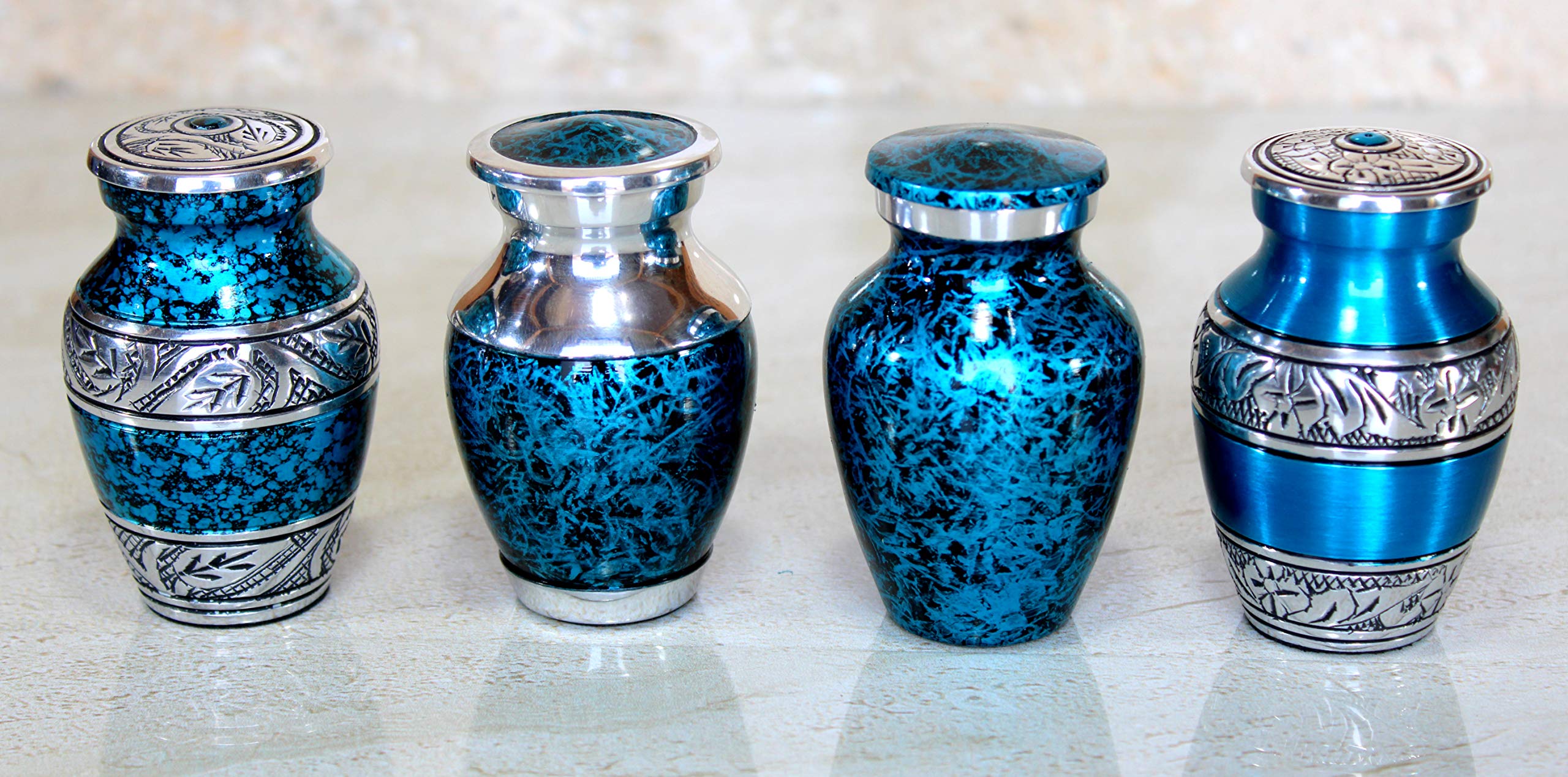 eSplanade Tarro conmemorativo de metal con forma de urna de cremación, juego de 4, urnas pequeñas para entierro de cenizas funerarias, recuerdos grabados y texturizados, azul, 3 pulgadas