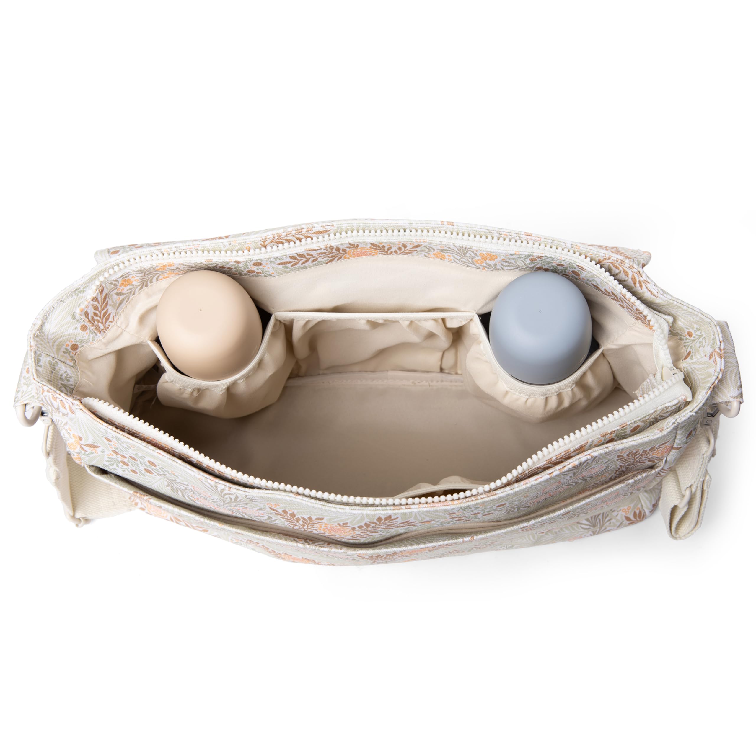 Suavinex, Bolso Maternidad Bandolera, Bolso Carro Bebé de Gran Capacidad, Asas Ajustables al Carrito, Solapa y Cierre de Cremallera, Impermeable, con Bolsillos Interiores, Beige Flores