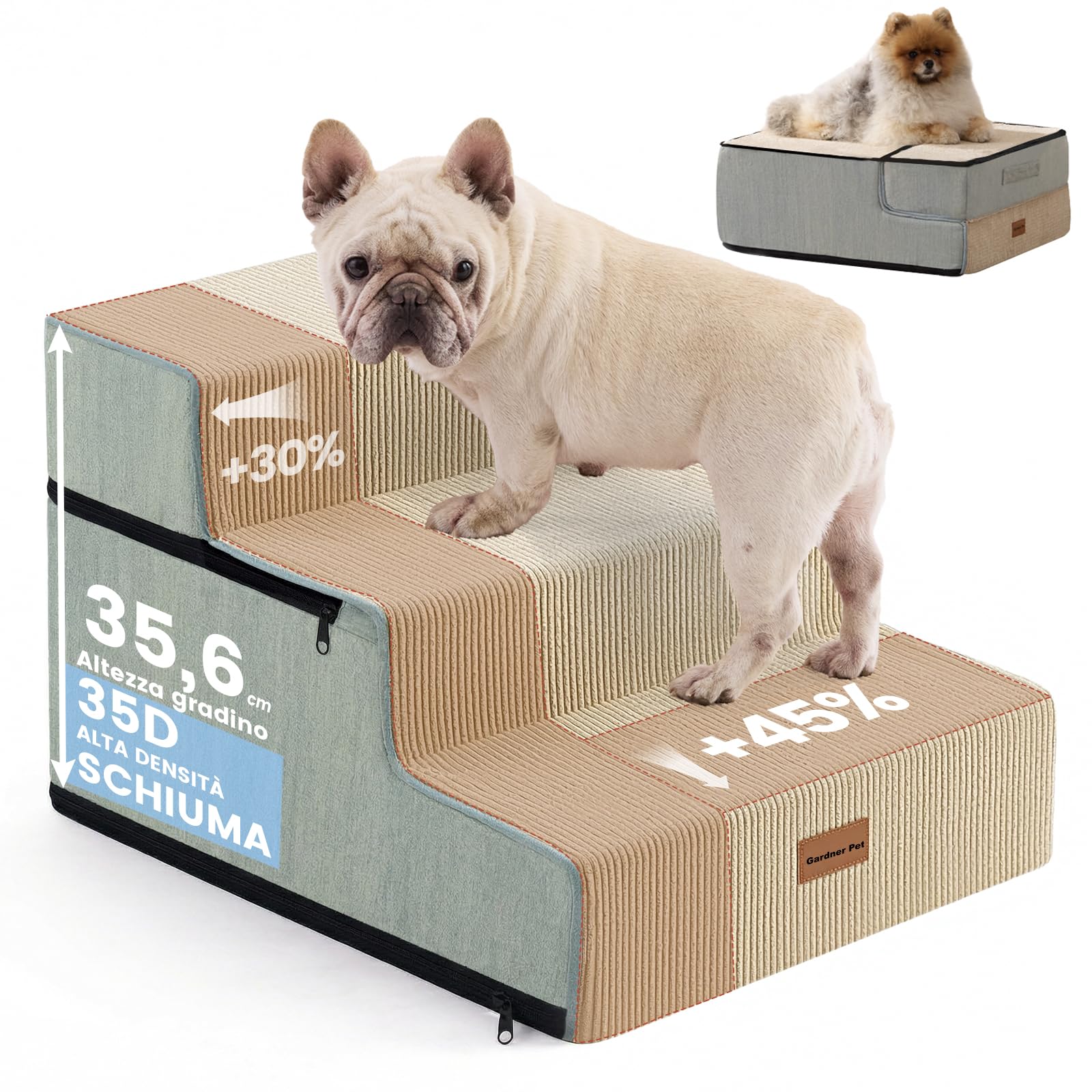 Gardner Pet Scala per Cani Piccola, Scala per Animali Domestici a 3 Gradini, Rampe in Schiuma ad Alta Densità con Rivestimento Impermeabile e Antiscivolo, per Letto, Divano, Poltrona e Auto, Beige
