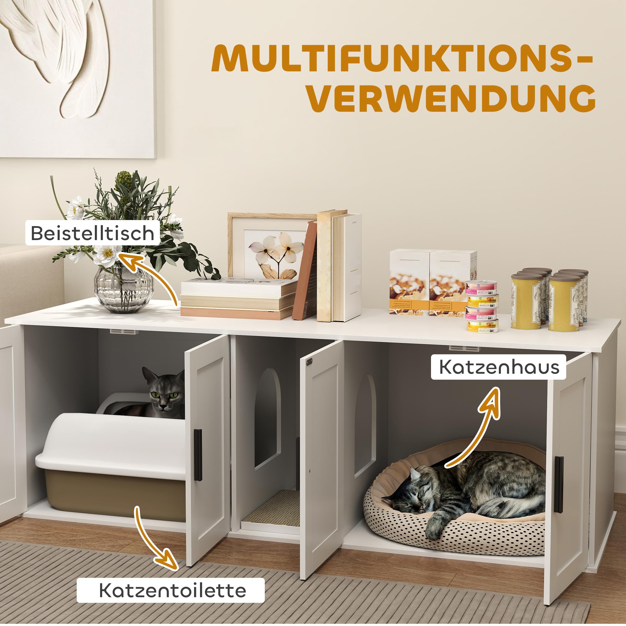 PawHut Katzenklo-Schrank 3 in 1 für Große Katzen 145 x 49 x 51 cm Weiß | Katzenschrank, Versteckter Katzentoilette, Mit Tür Trennwand Kratzmatte, Katzenhaus, Unter 10 kg