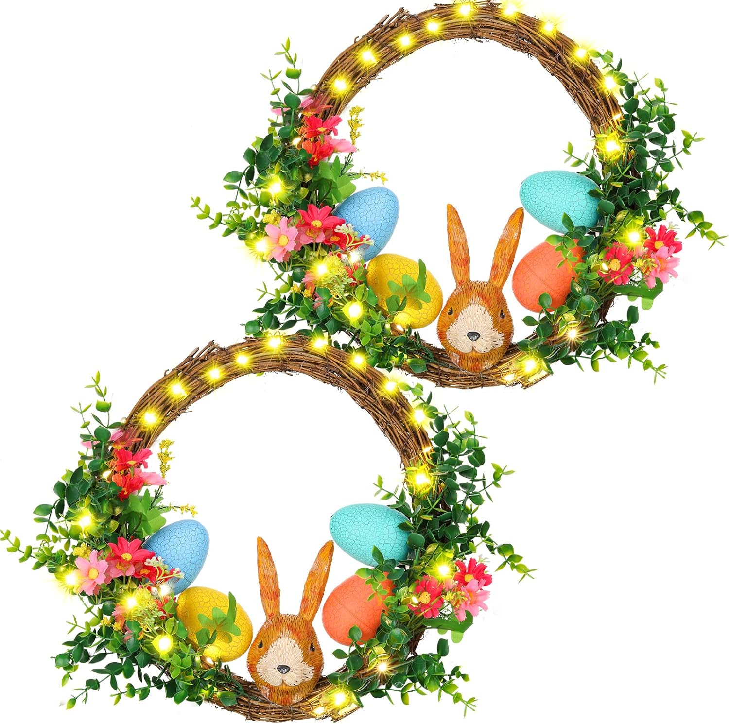 2 Pcs Lighted Easter Wreath Decoration Bunny Wreath with