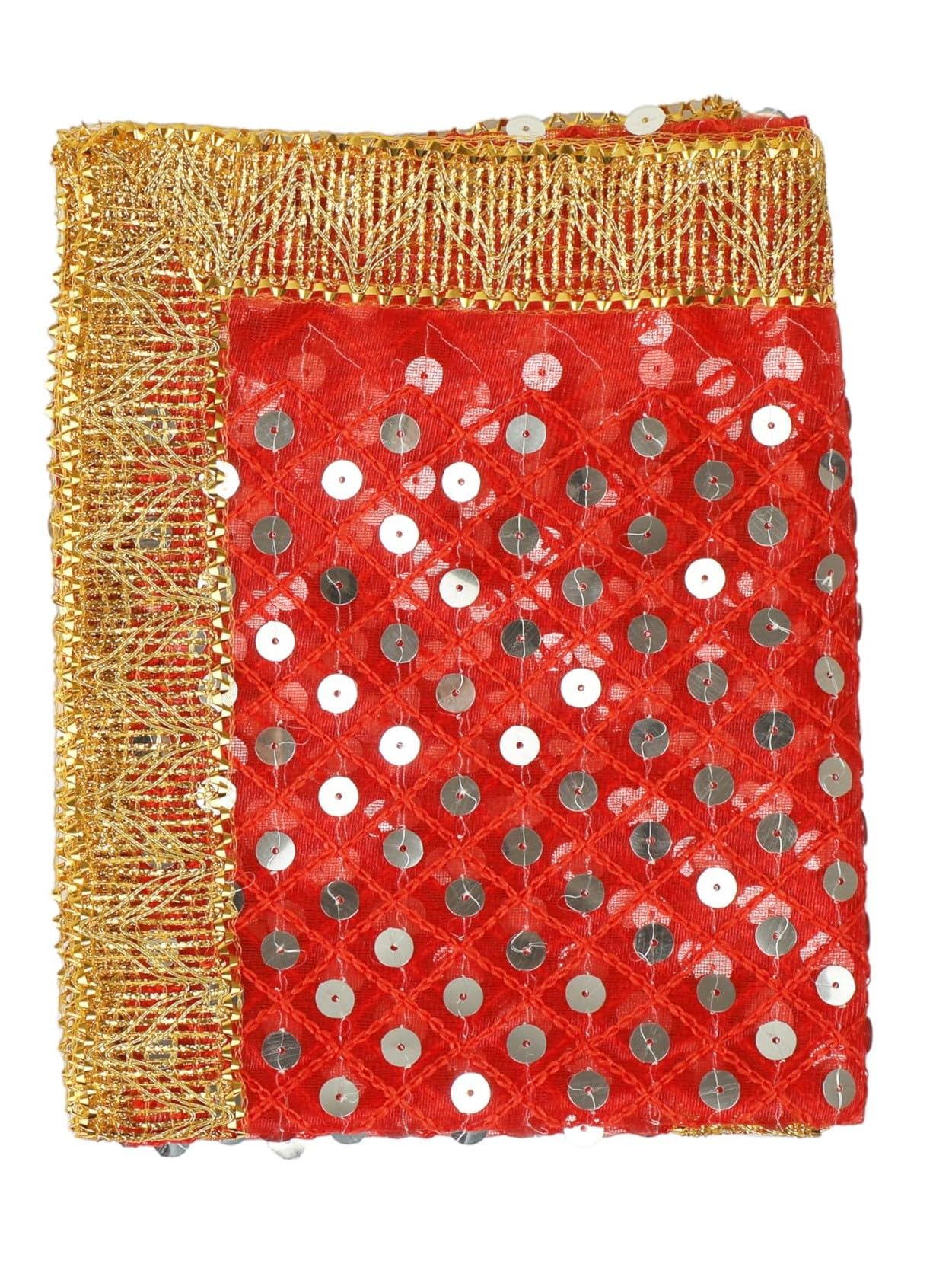 Aditri Creation Decorative Chunari Netted Cloth Puja Chunni Chunar (Size :- 36 Inches x 18 Inches) Aasan Mat for Statue Frame Idol Temple for Indian Traditional Diwali Festival Decoration(Red)