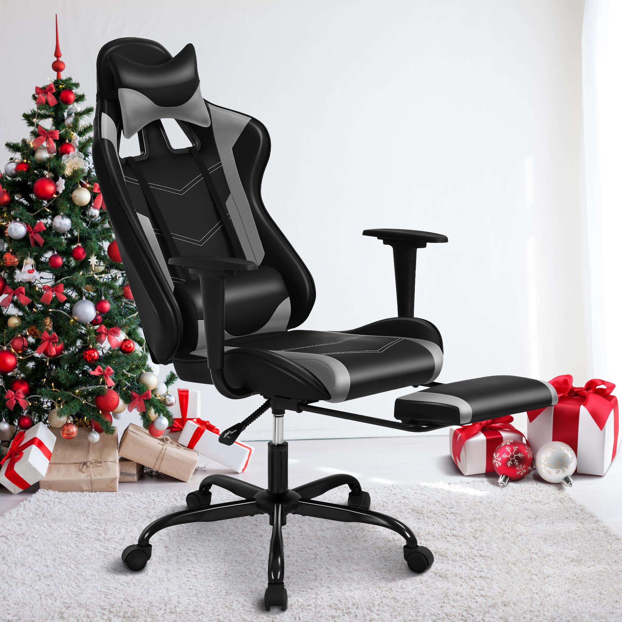 Grey Gaming Chair With Footrest, PU Leather for Adults, High Back Comfy Office Ergonomic Desk, Reclining Gamer, Height & Backrest Adjustable, 300 Lbs