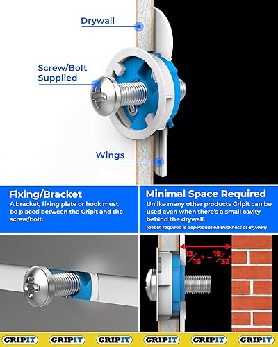 Miniatura 7 de Gripit Blue Drywall Anchors Pack of 4 (Up to 205Ibs/93kg) Heavy Duty Drywall Anchors Wall Anchors & Screws for Drywall Anchors Screws Kit