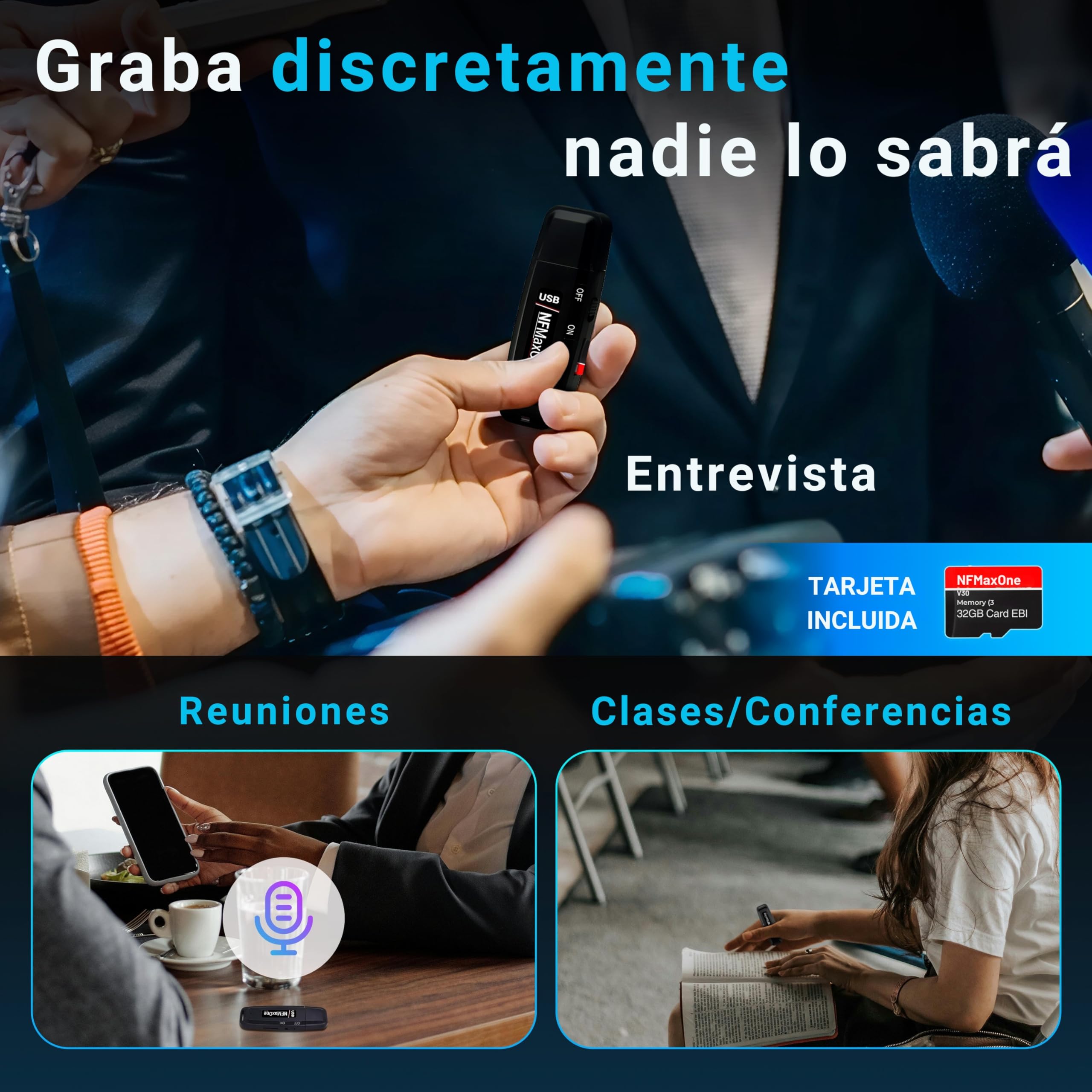 Grabadora de Voz Espia Digital con MicroSD de 32 GB incluida | Mini Grabadora de Audio Ideal para Reuniones, Entrevistas, Clases | Grabadora USB Espia Portatil con hasta 500 Horas Grabación NFMaxone