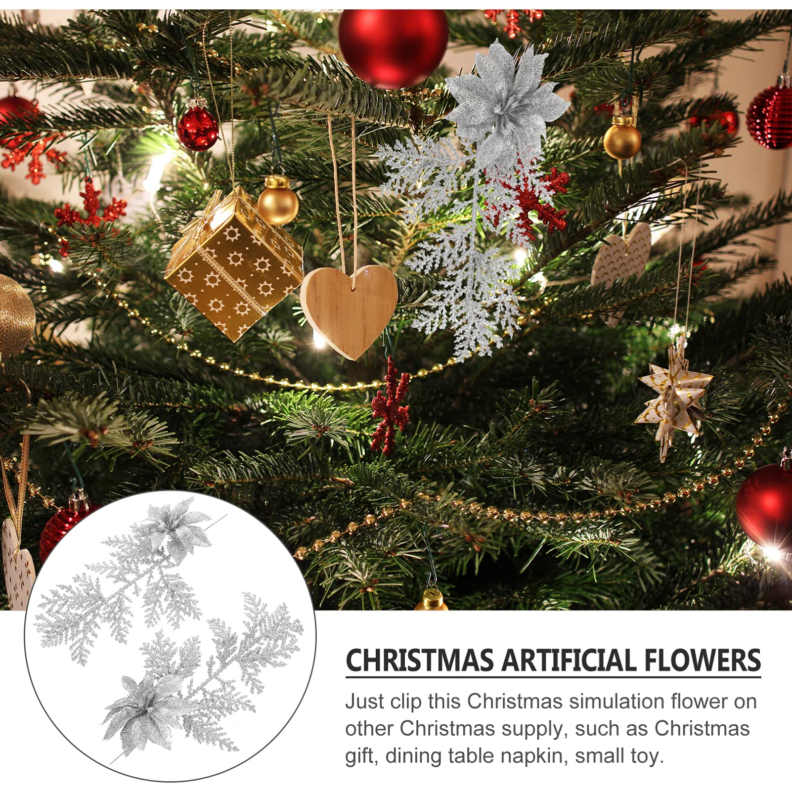 jojofuny Ornamente Krippendekoration 18 Stücke Künstliche Weihnachtsblumen Glitter Poinsettia Plektren Kiefer Zweige mit Clip for Christmas Crafts Party Festliche Wohnkultur
