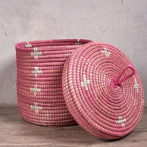 Miniatura 2 de Cesta africana tejida a mano con tapa de 9 pulgadas, rosa con flores blancas