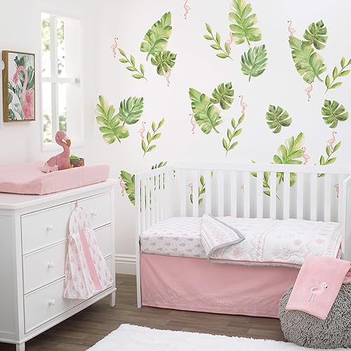 Miniatura 7 de Nojo Tropical Flamingo - Juego de ropa de cama para cuna de bebé, 100% algodón, 4 piezas, edredón bordado, sábana bajera, volantes para polvo y