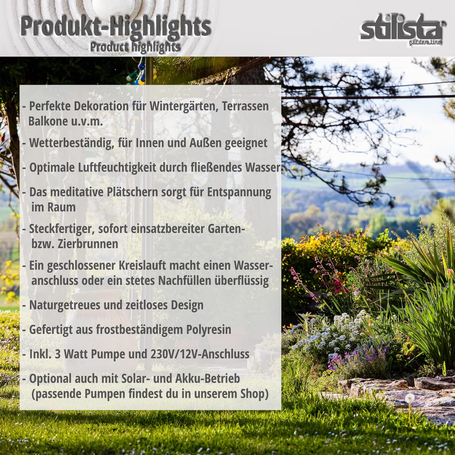 STILISTA Gartenbrunnen Wasserfall 49 x 28 x 20 cm, mit LED Beleuchtung, inklusive Pumpe