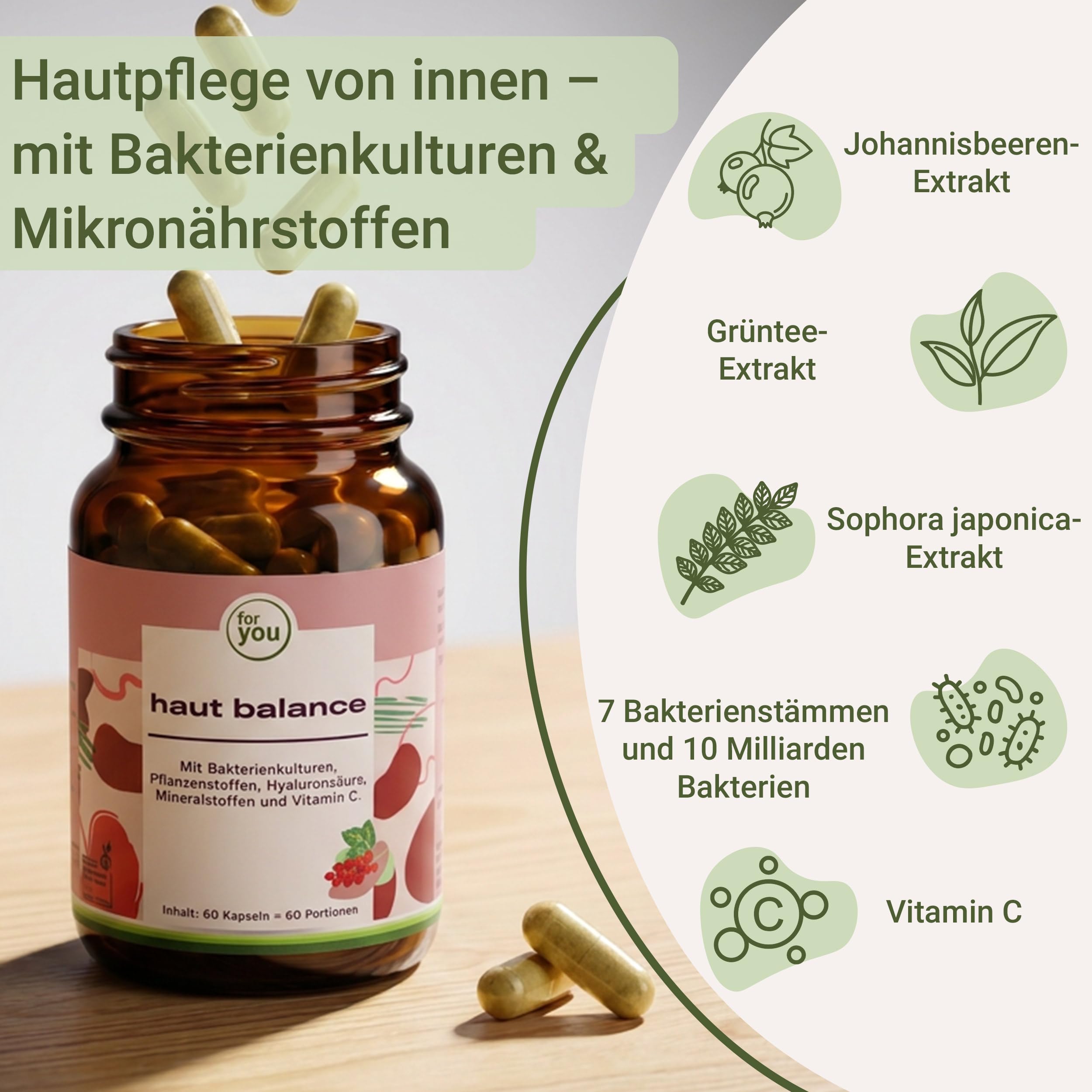 for you haut balance – 120 Kapseln mit MitoBeauty®, Hyaluronsäure, Pflanzenstoffen, Mineralstoffen und Vitamin C – mit Kupfer und Zink – vegan